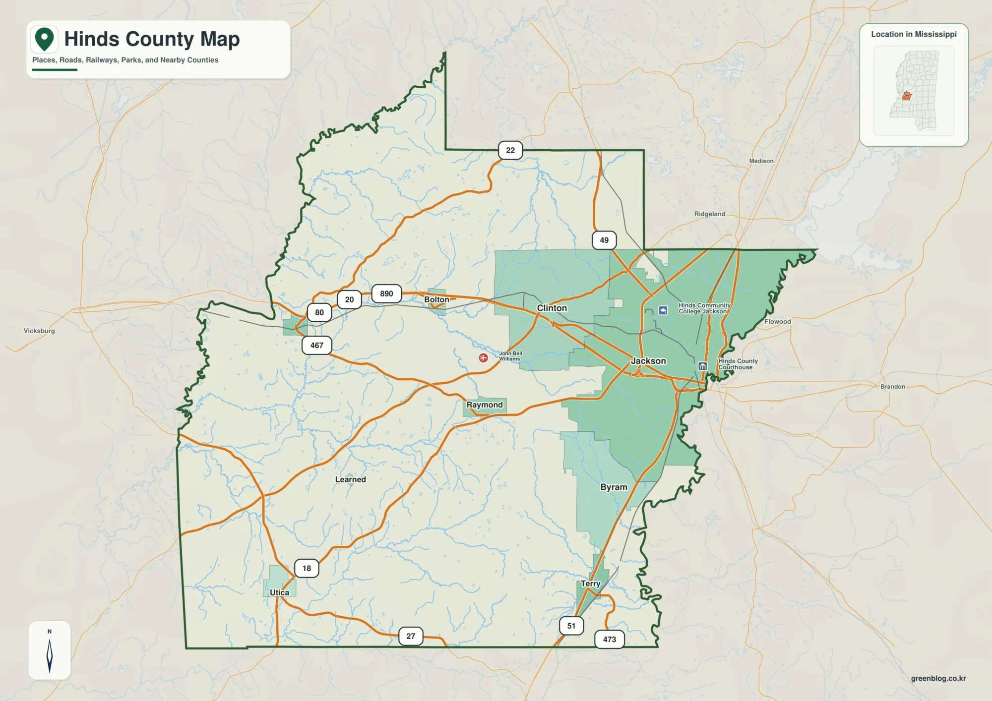 Hinds County Mississippi map showing Jackson and Raymond, selected communities, roads, and landscape features