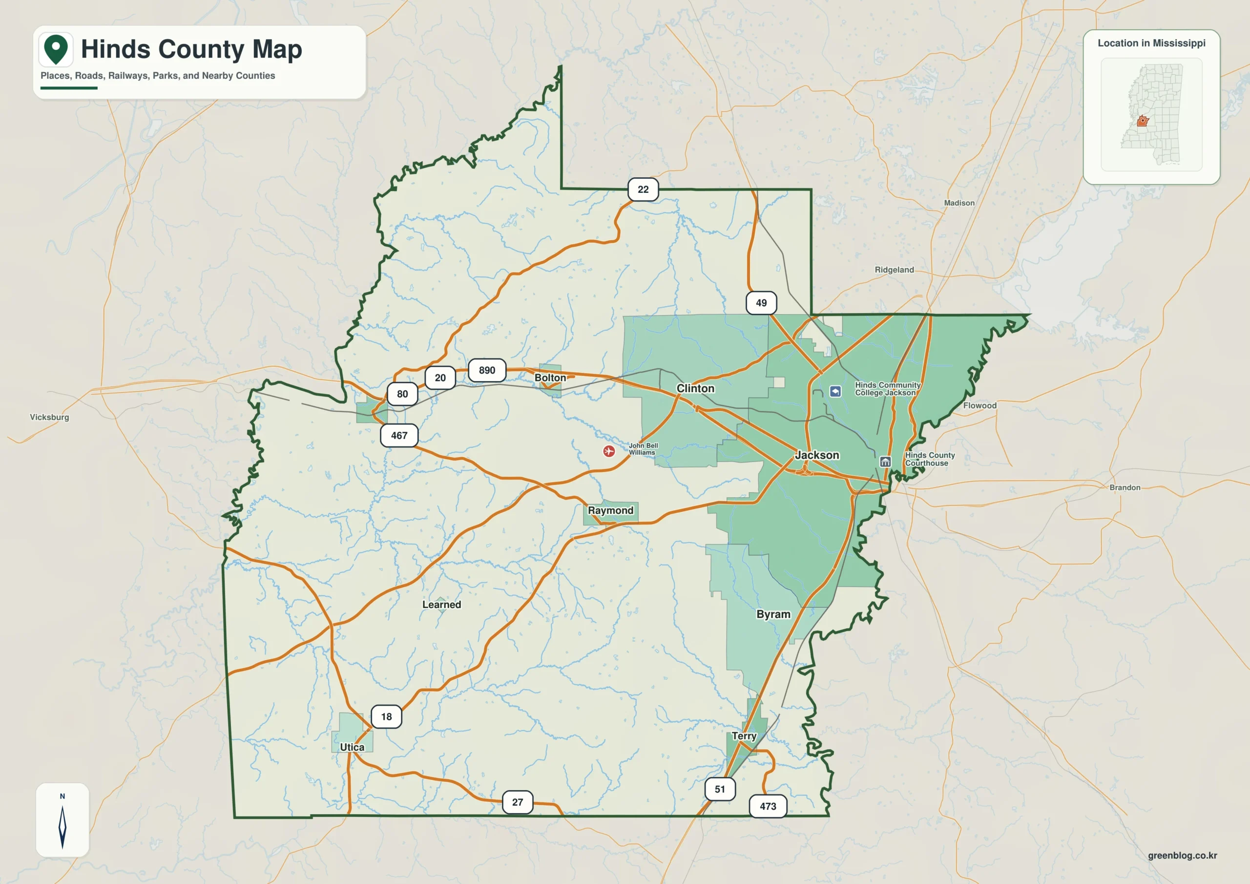 Hinds County Mississippi map showing Jackson and Raymond, selected communities, roads, and landscape features