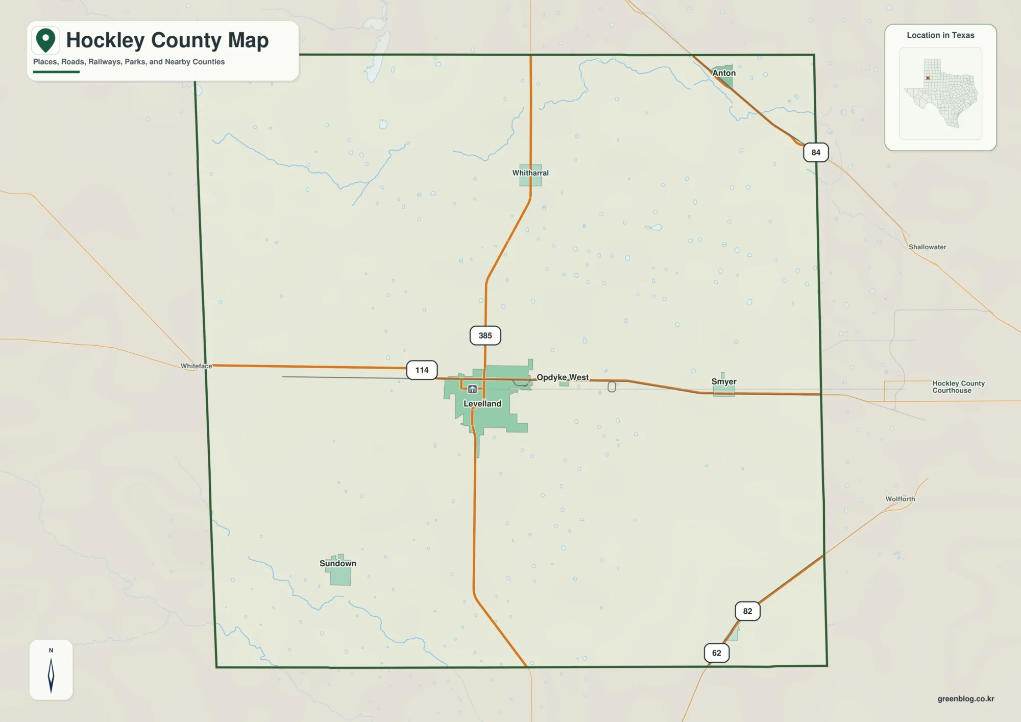 Hockley County Texas map showing Levelland and selected communities