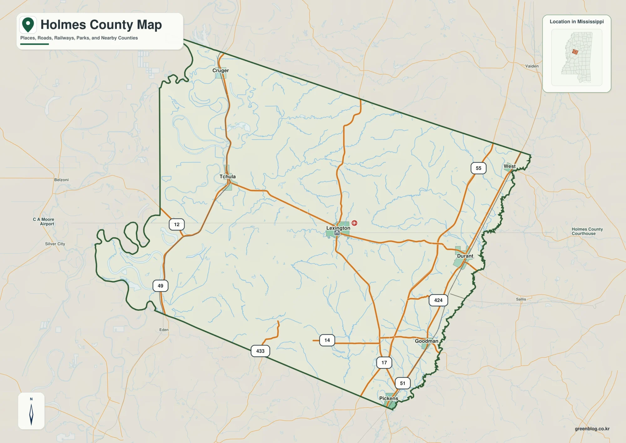 Holmes County Mississippi map showing Lexington, selected communities, roads, and landscape features