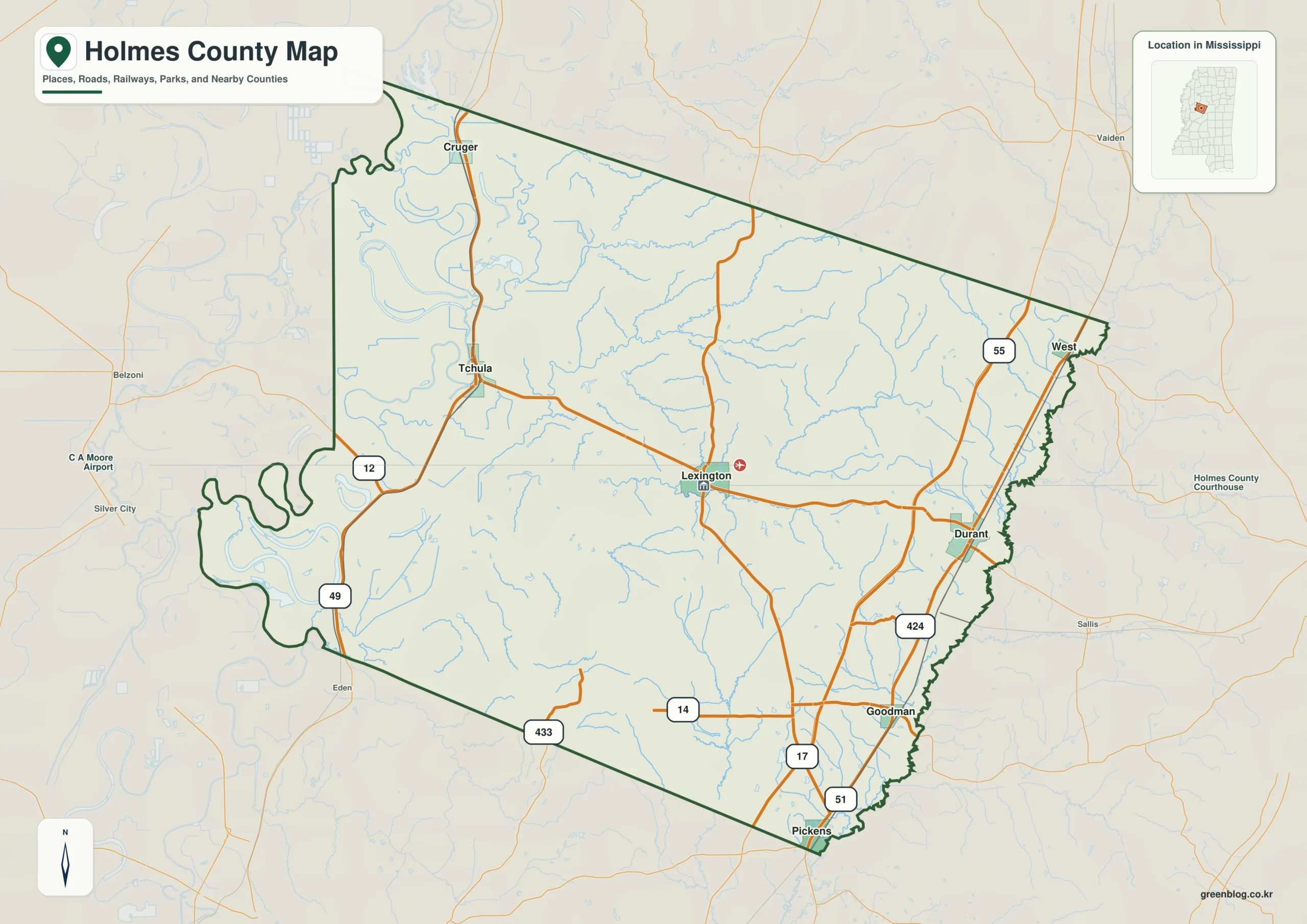 Holmes County Mississippi map showing Lexington, selected communities, roads, and landscape features