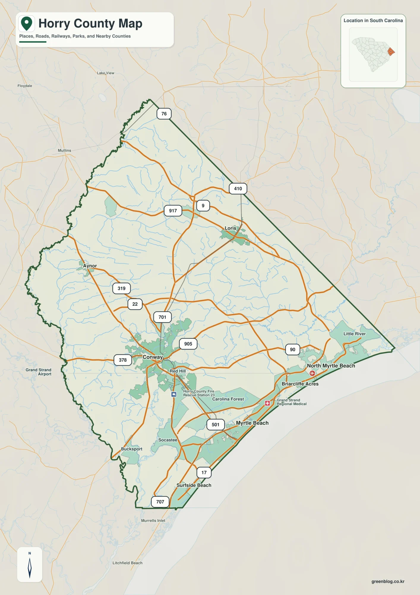 Horry County South Carolina map with the county boundary and reference names for Conway and Myrtle Beach