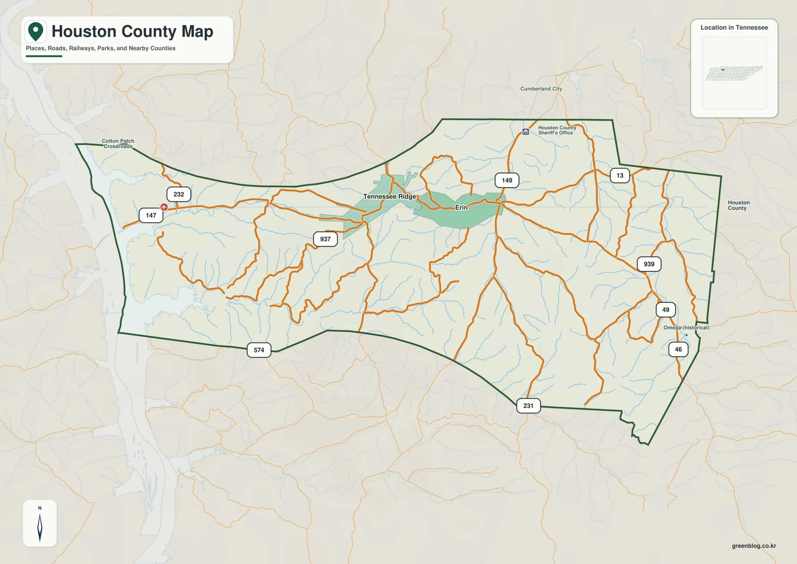 Houston County Tennessee map showing Erin, selected communities, roads, and natural features