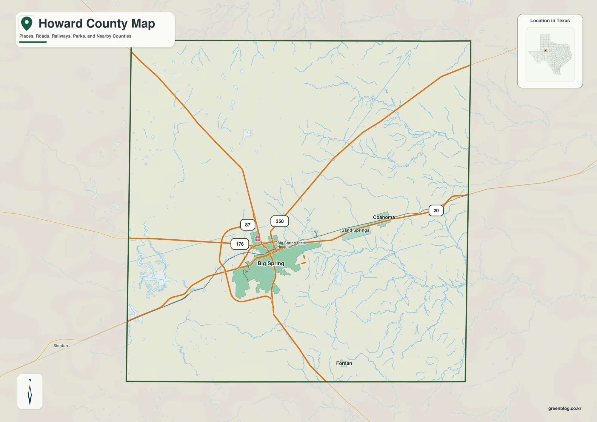 Howard County Texas map showing Big Spring and selected communities