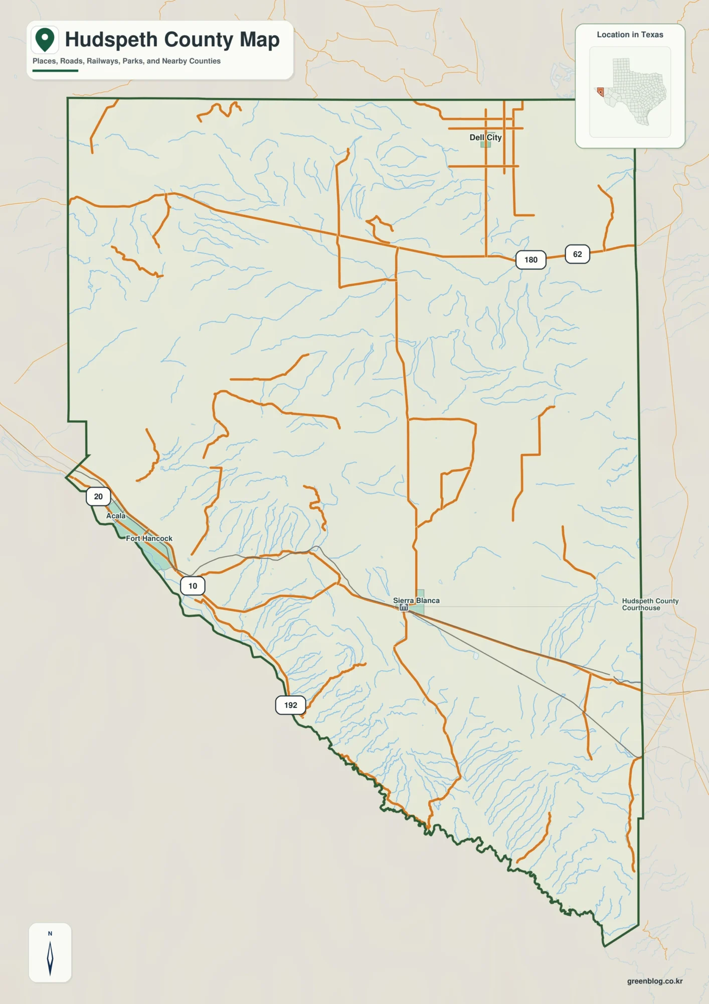 Hudspeth County Texas map showing Sierra Blanca and selected communities