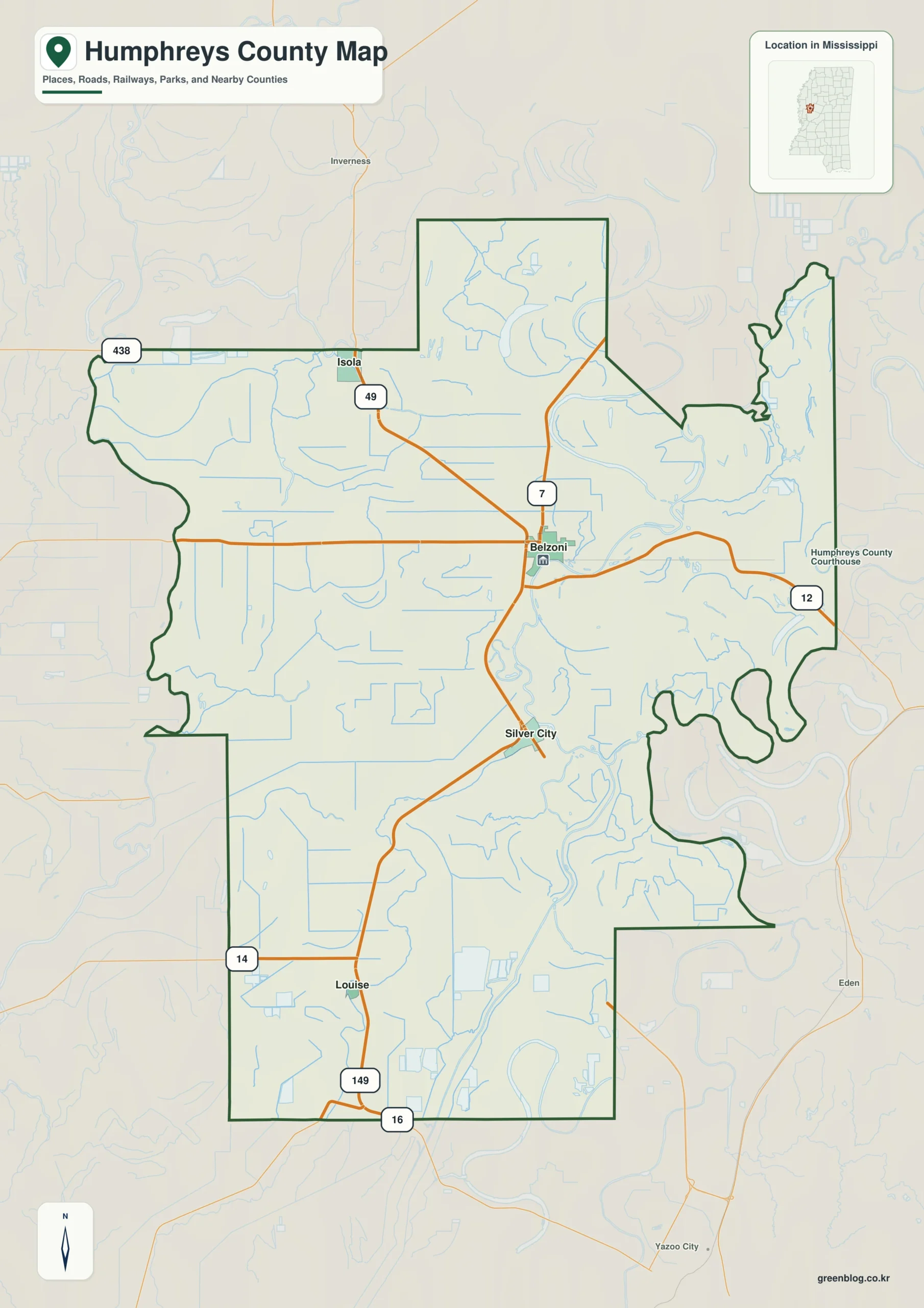 Humphreys County Mississippi map showing Belzoni, selected communities, roads, and landscape features