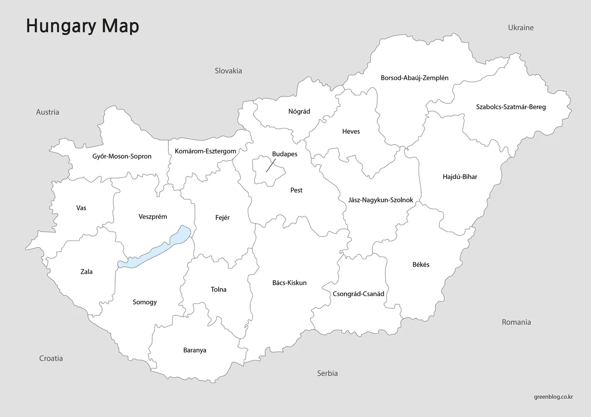 Black-and-white map of Hungary with labeled counties and Budapest callout