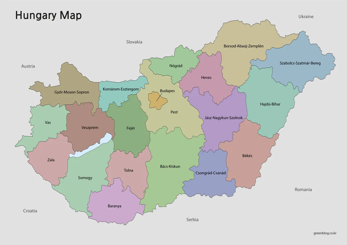 Hungary Map with color-coded counties, Budapest, and Lake Balaton