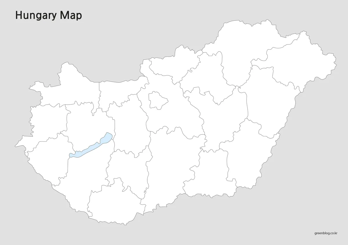 Blank Hungary county outline with internal boundaries, Budapest area, and Lake Balaton