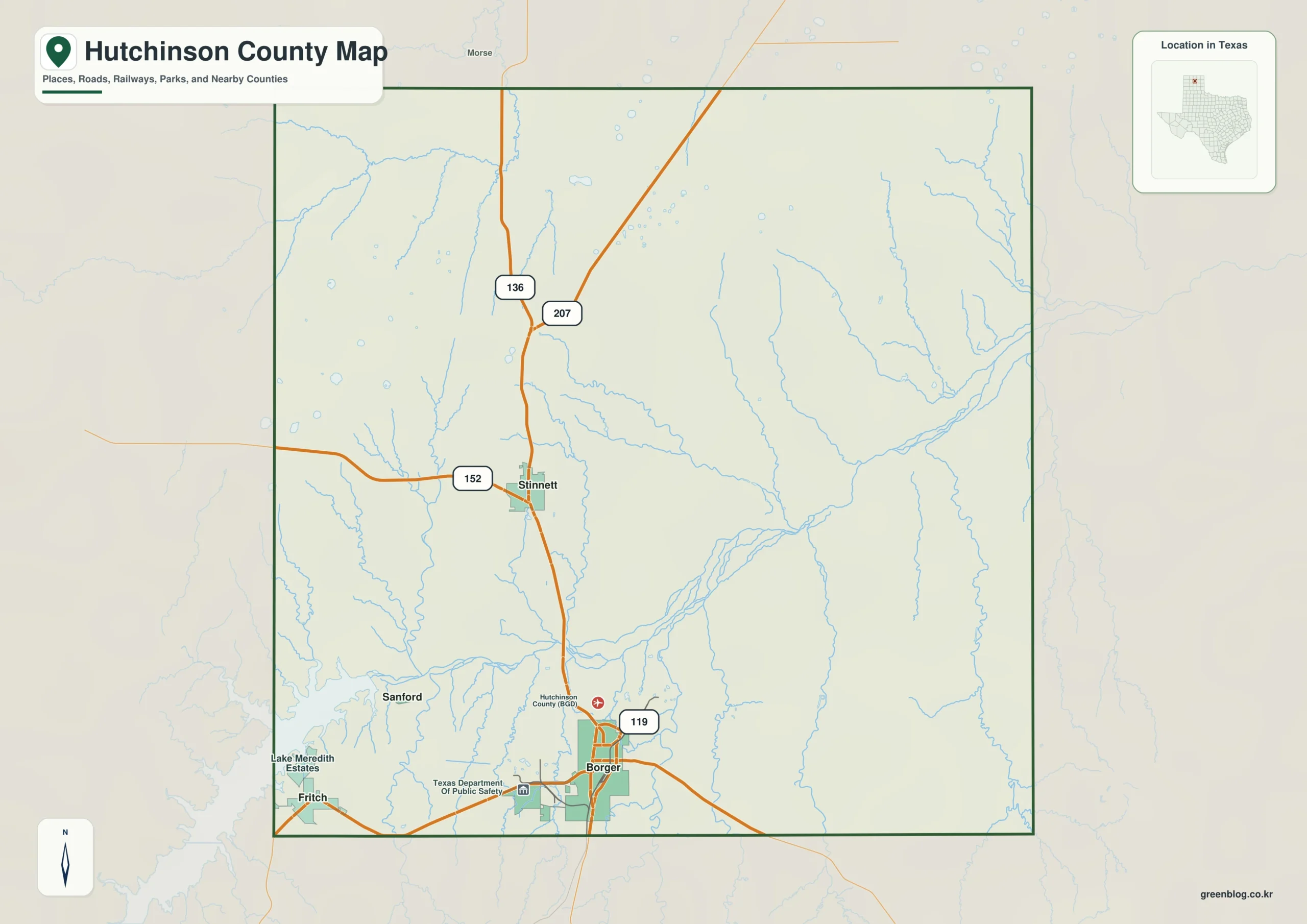 Hutchinson County Texas map showing Stinnett and selected communities