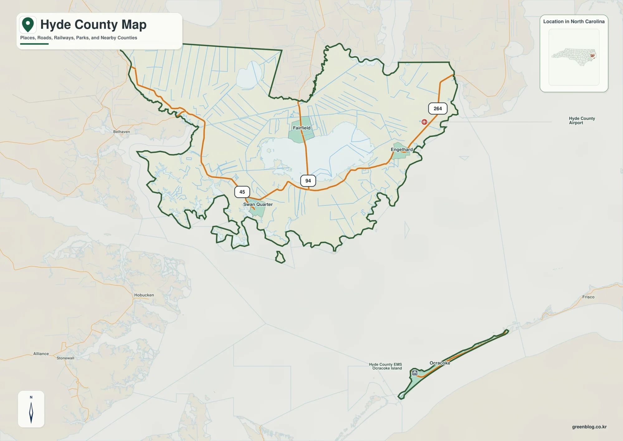 Hyde County North Carolina map showing Swan Quarter and Lake Mattamuskeet