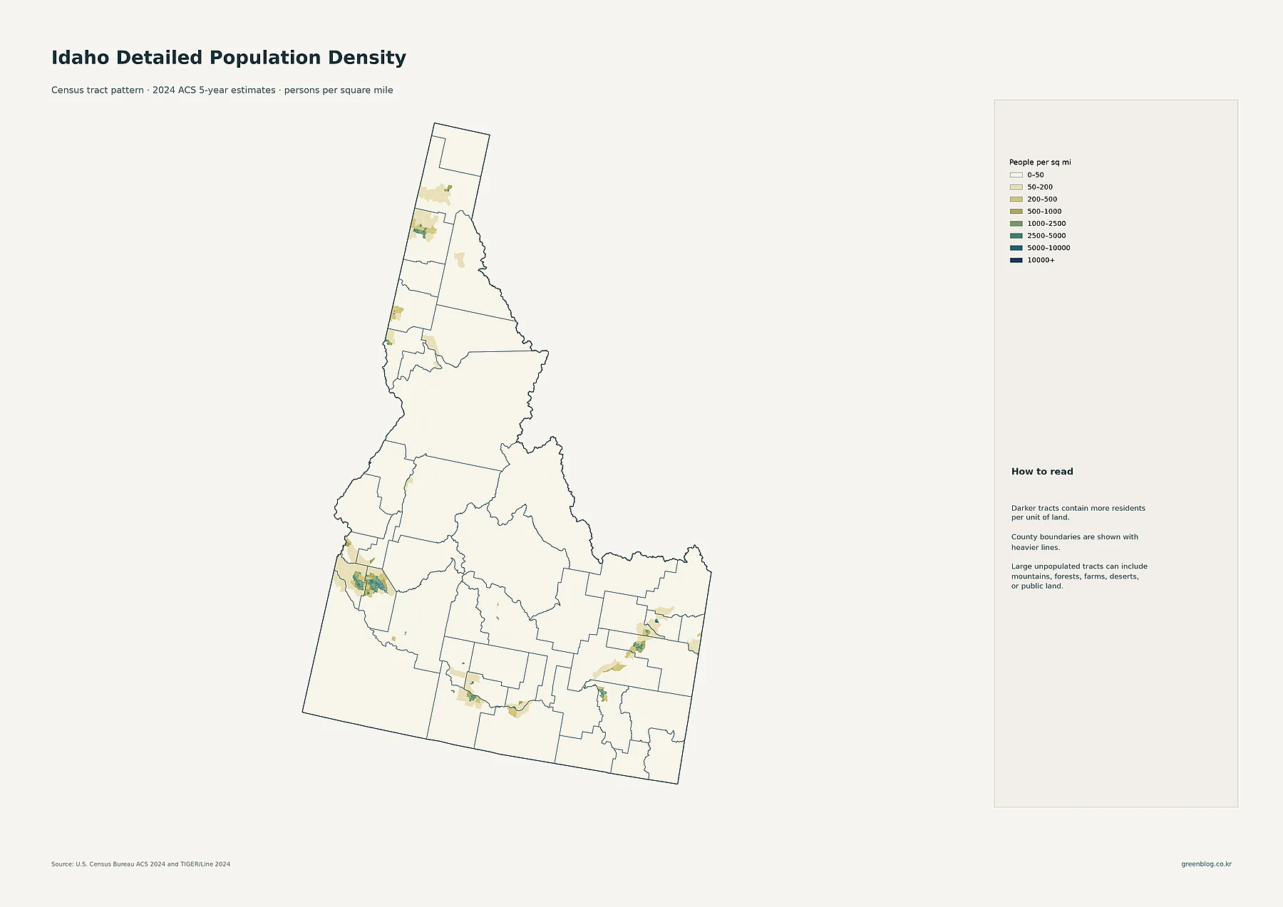 Idaho detailed population density by census tract from 2024 ACS five-year estimates