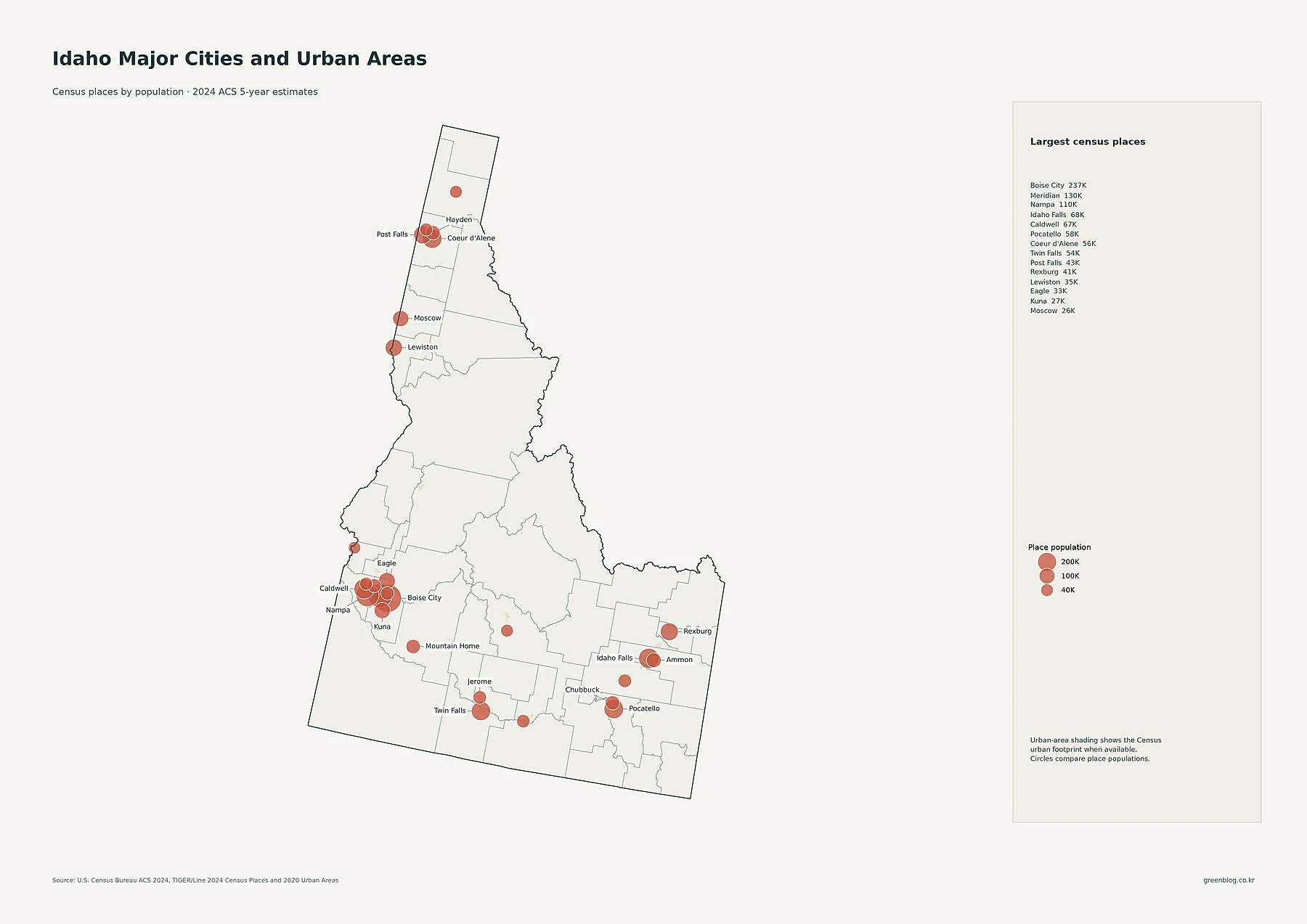 Idaho major cities and urban areas with 2024 ACS census place populations