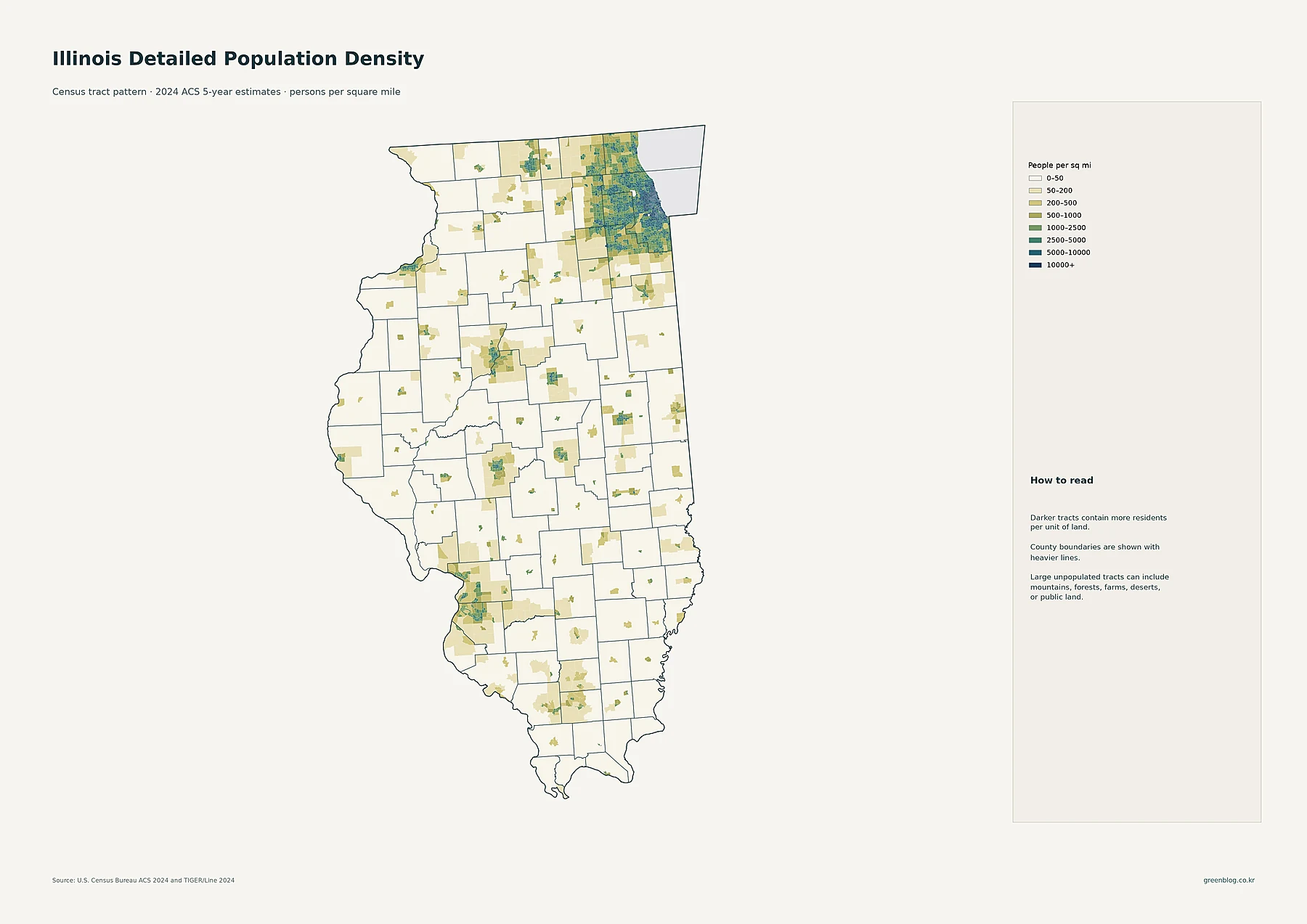 Illinois detailed population density by census tract using 2024 ACS estimates