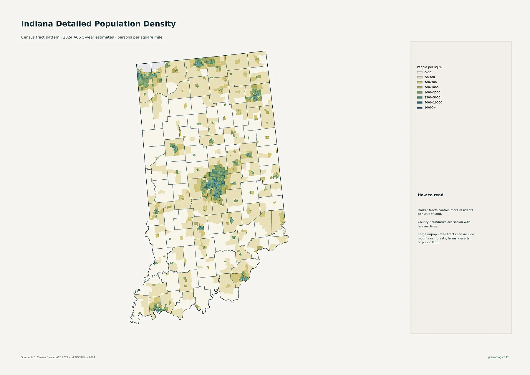 Indiana detailed population density by census tract using 2024 ACS estimates