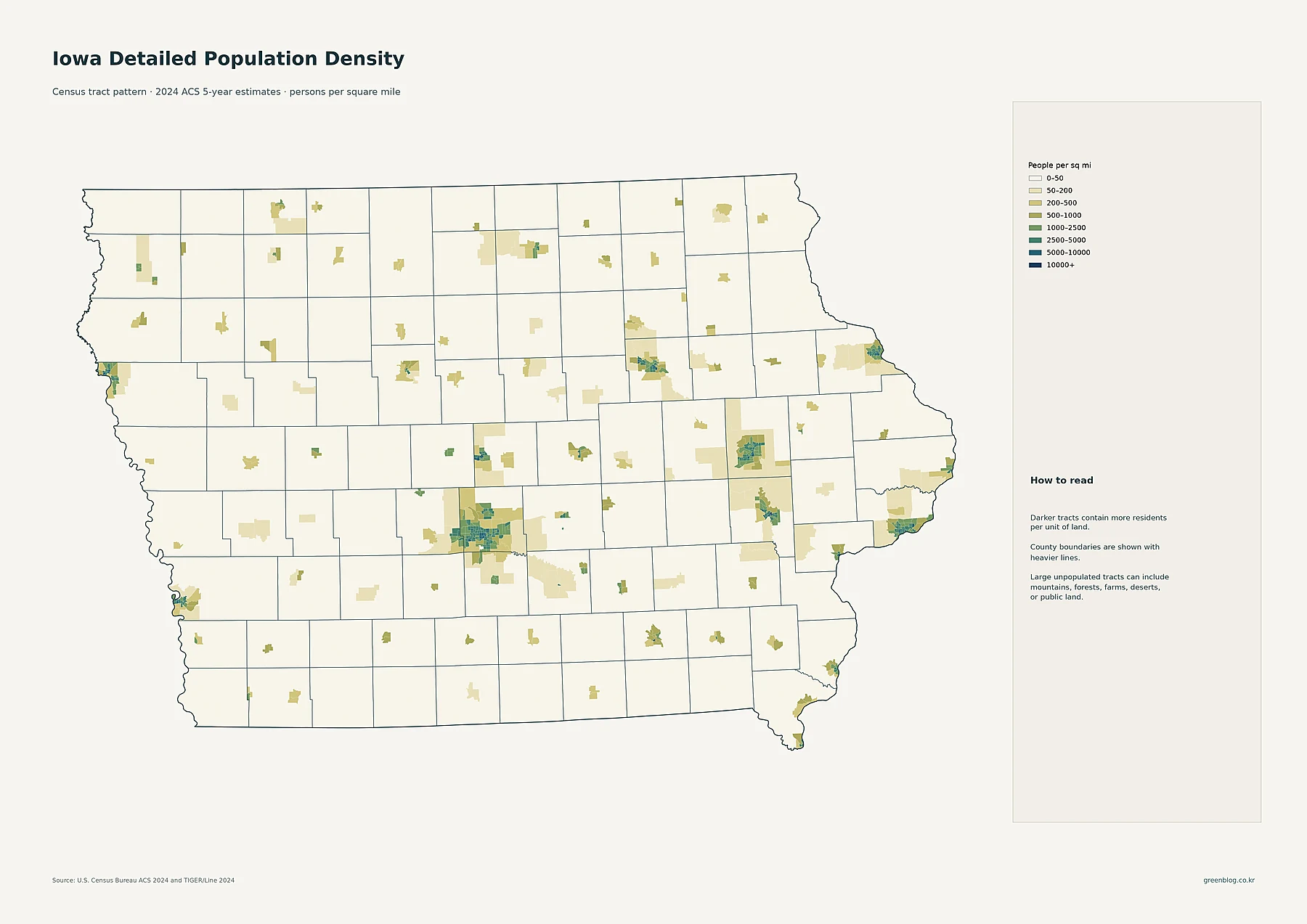 Iowa detailed census tract population density map from 2024 ACS estimates
