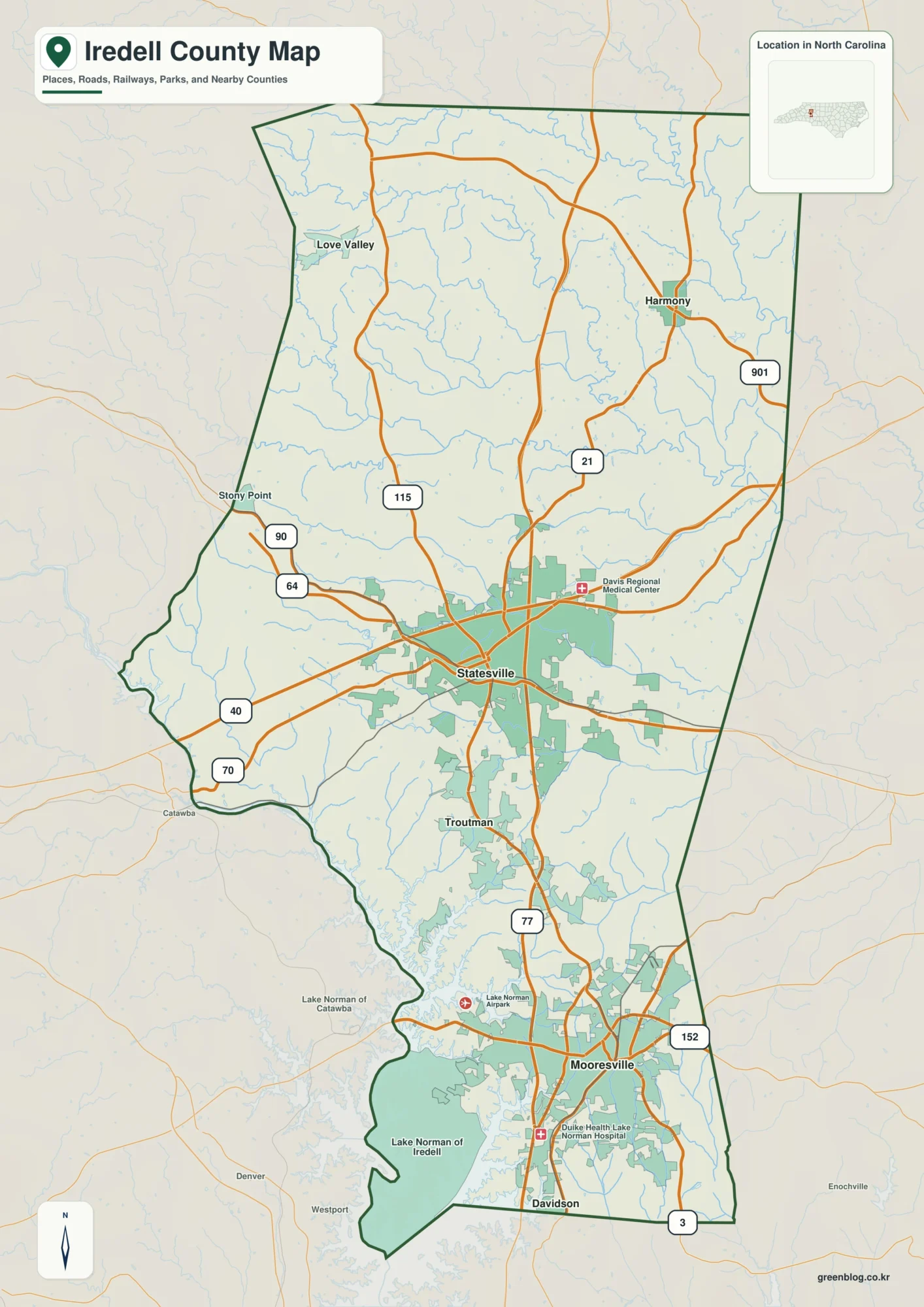 Iredell County North Carolina map showing Statesville and Lake Norman