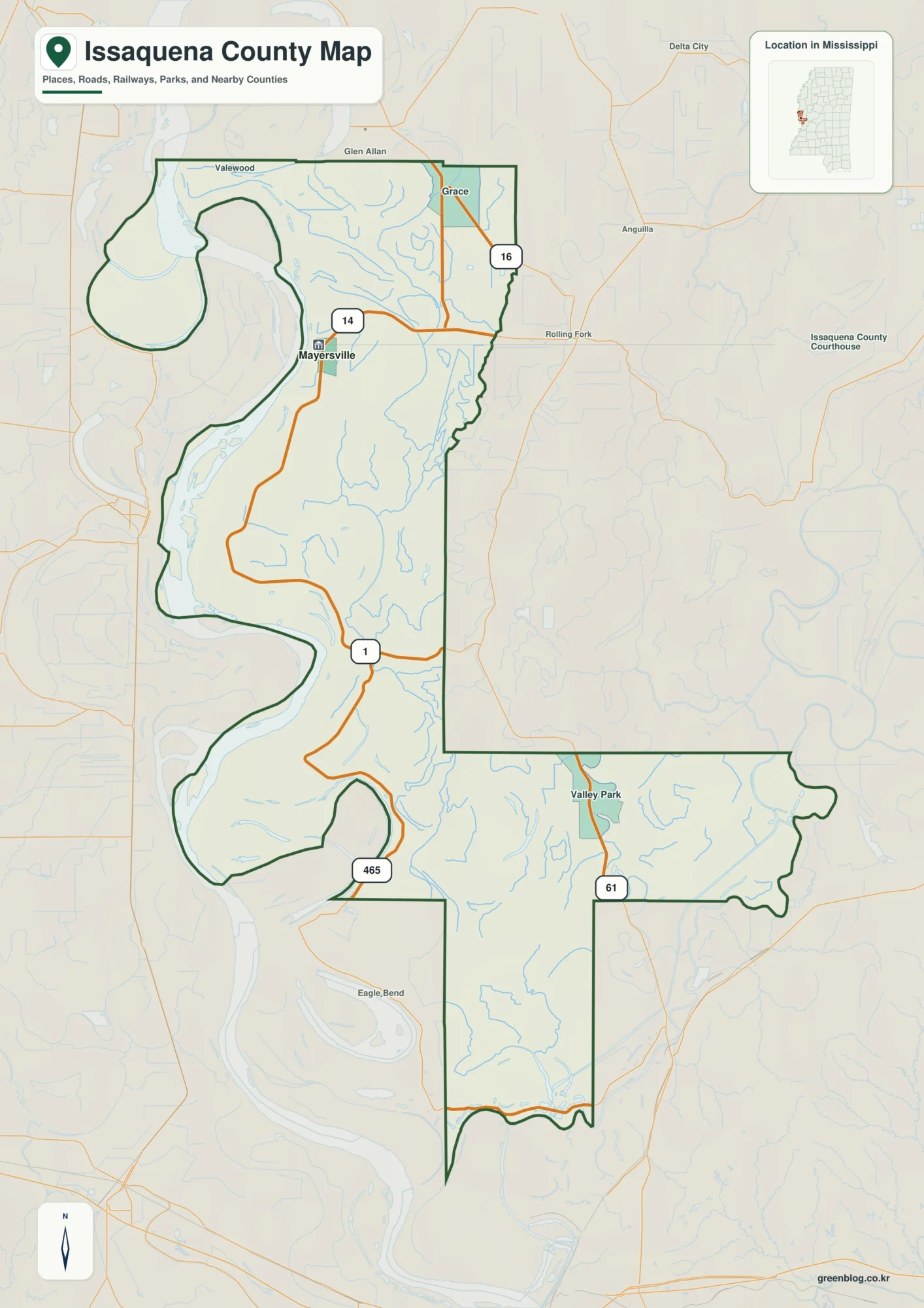Issaquena County Mississippi map showing Mayersville, selected communities, roads, and landscape features
