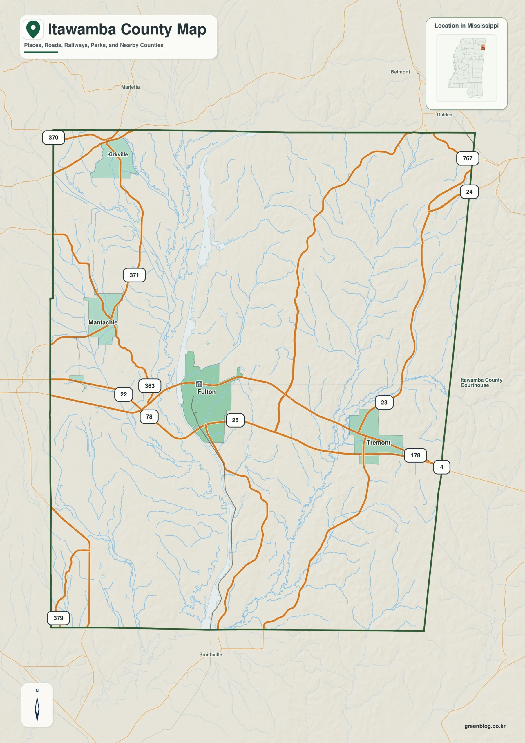 Itawamba County Mississippi map showing Fulton, selected communities, roads, and landscape features