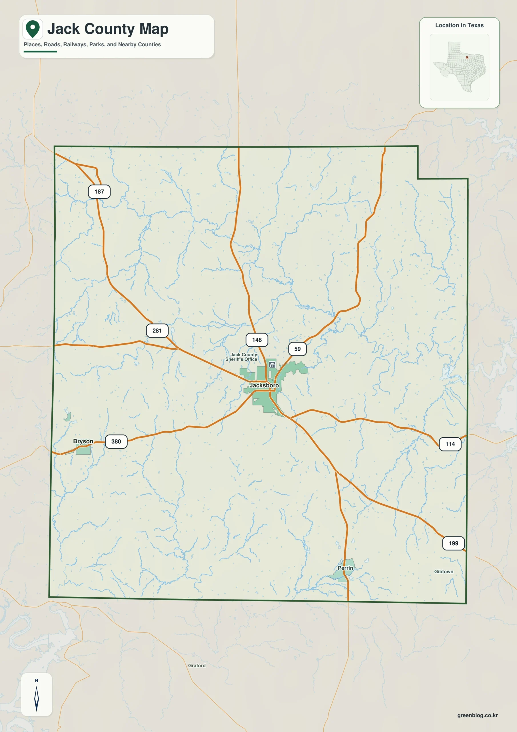 Jack County Texas map showing Jacksboro and selected communities