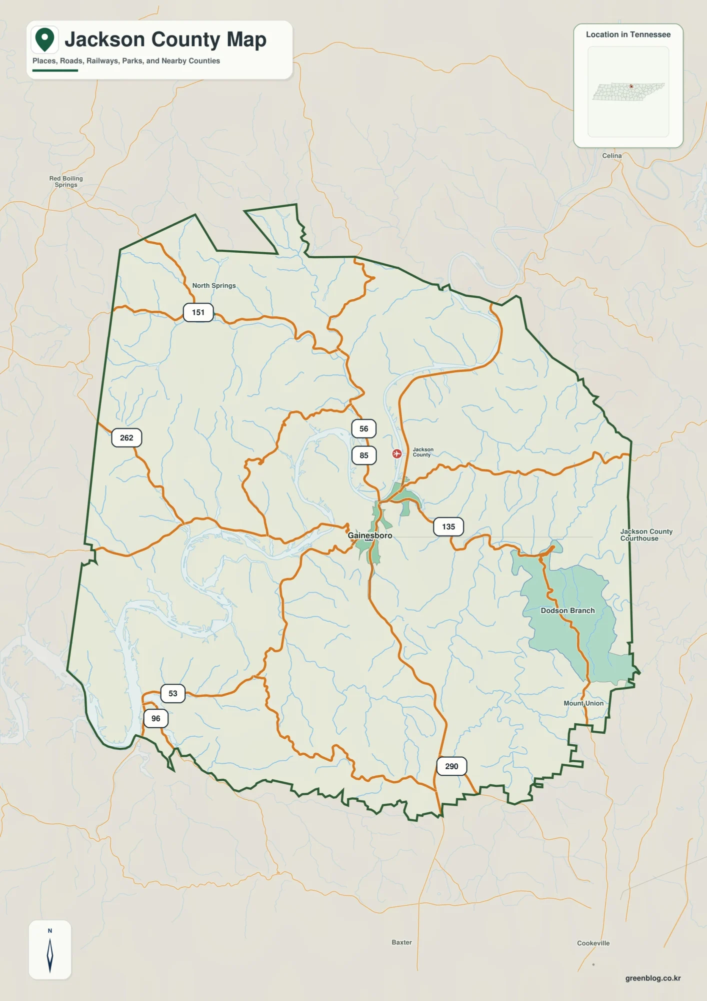 Jackson County Tennessee map showing Gainesboro, selected communities, roads, and natural features