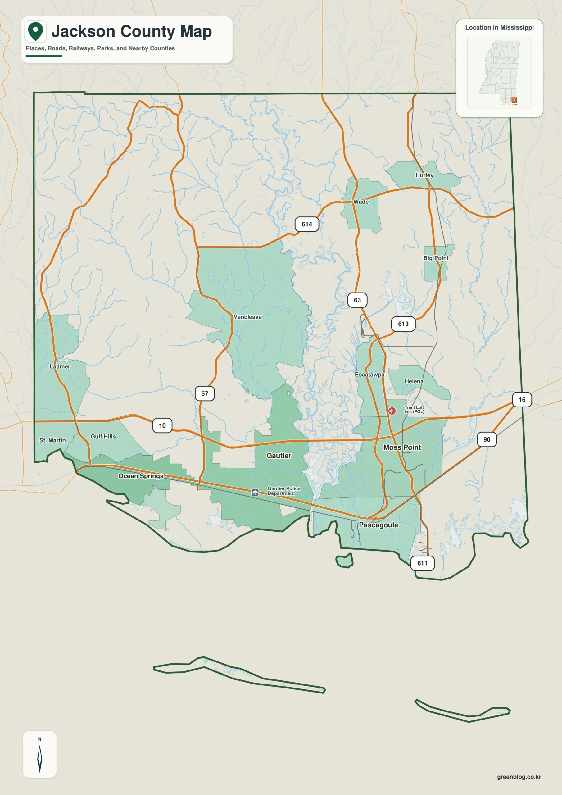 Jackson County Mississippi map showing Pascagoula, selected communities, roads, and landscape features