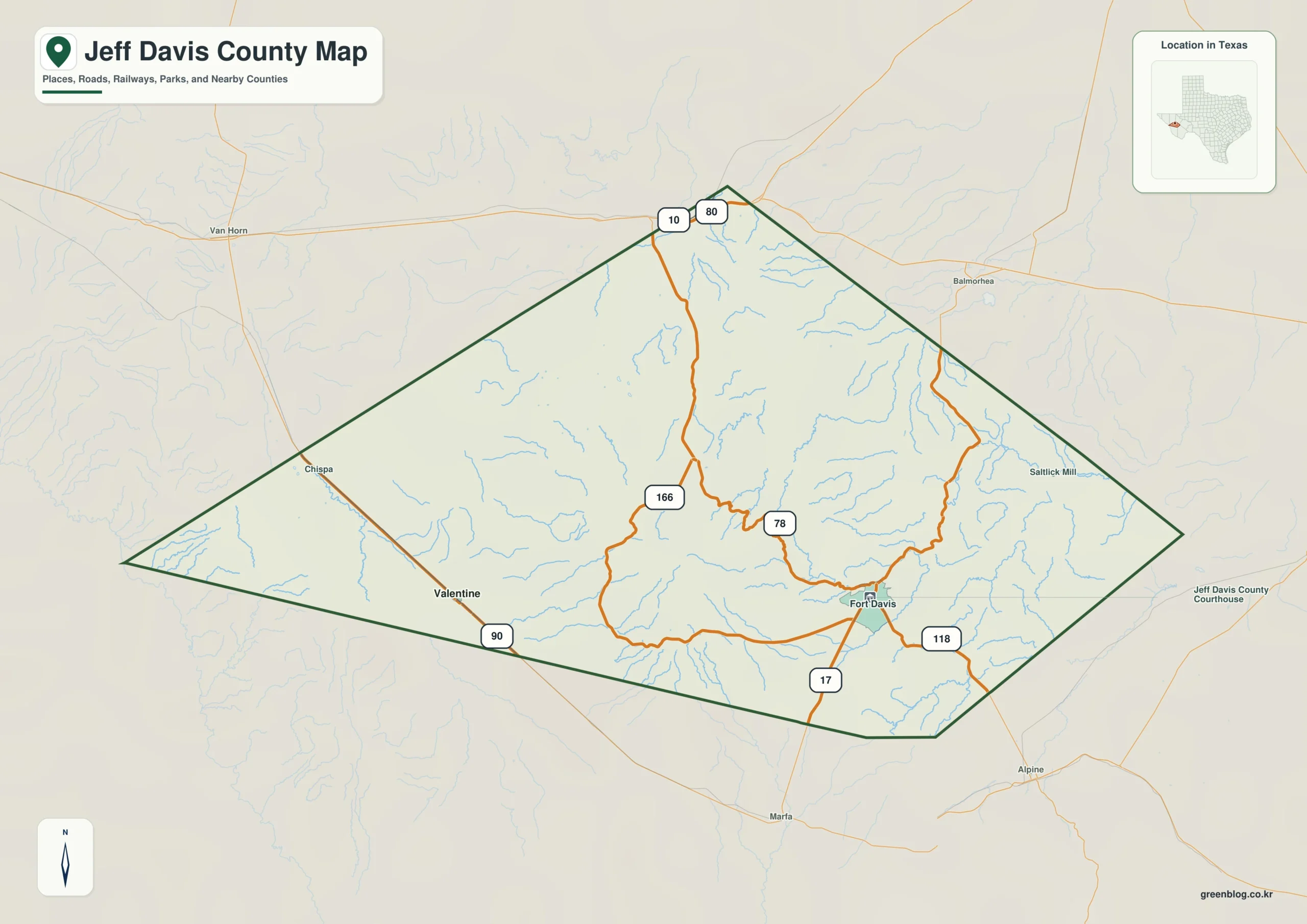 Jeff Davis County Texas map showing Fort Davis and selected communities