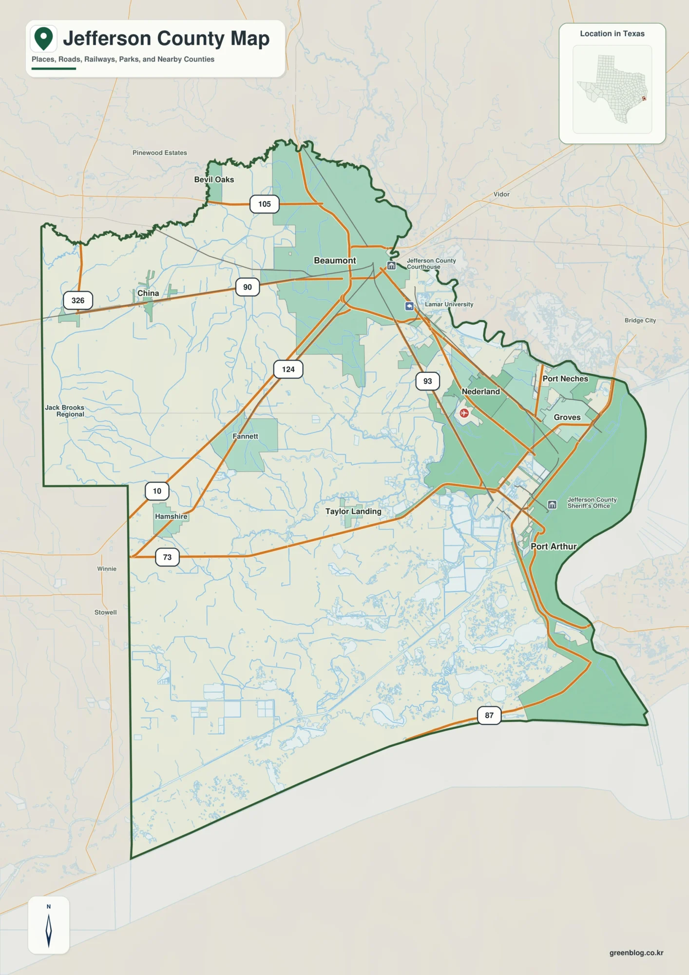 Jefferson County Texas map showing Beaumont and selected communities