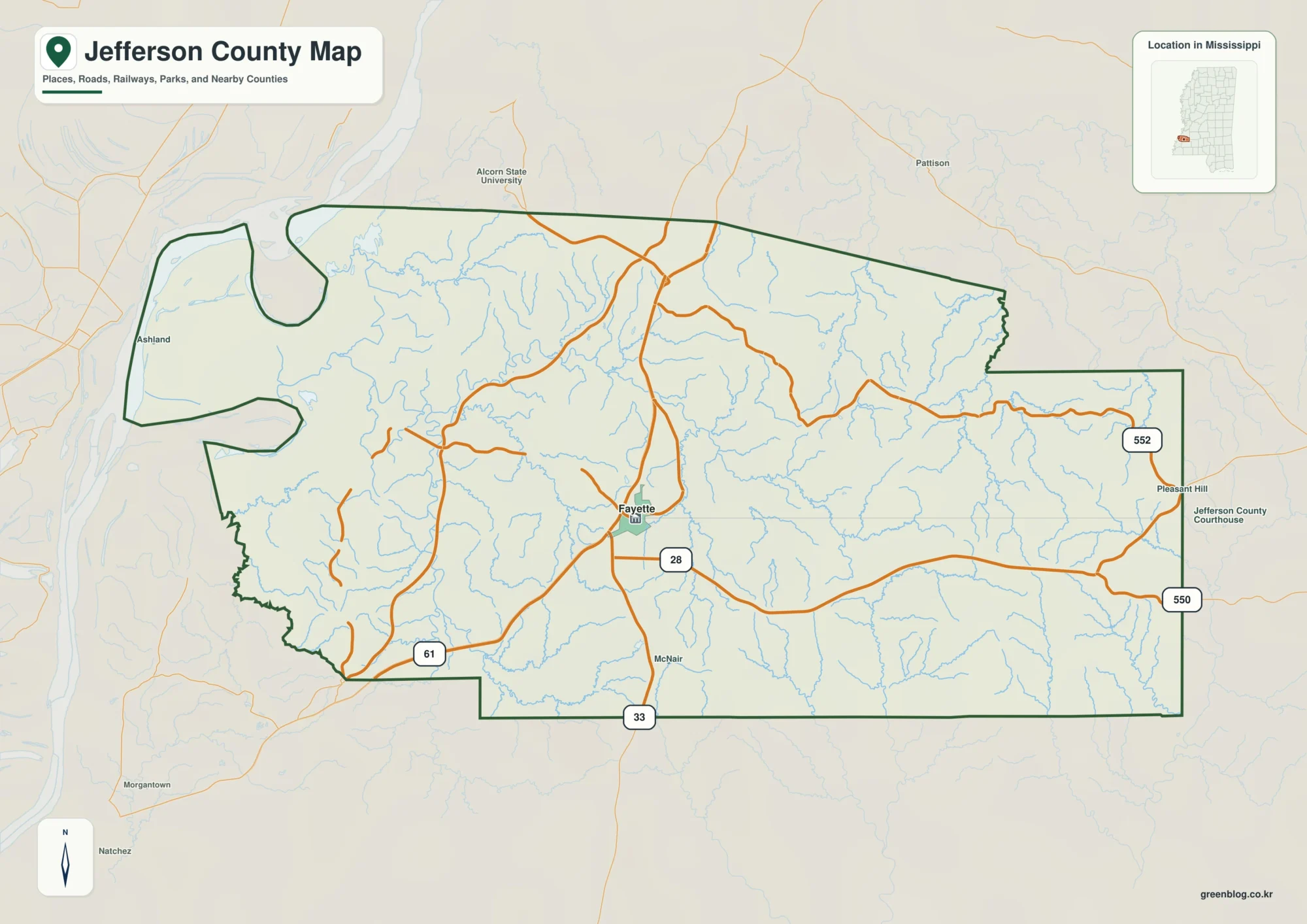 Jefferson County Mississippi map showing Fayette, selected communities, roads, and landscape features