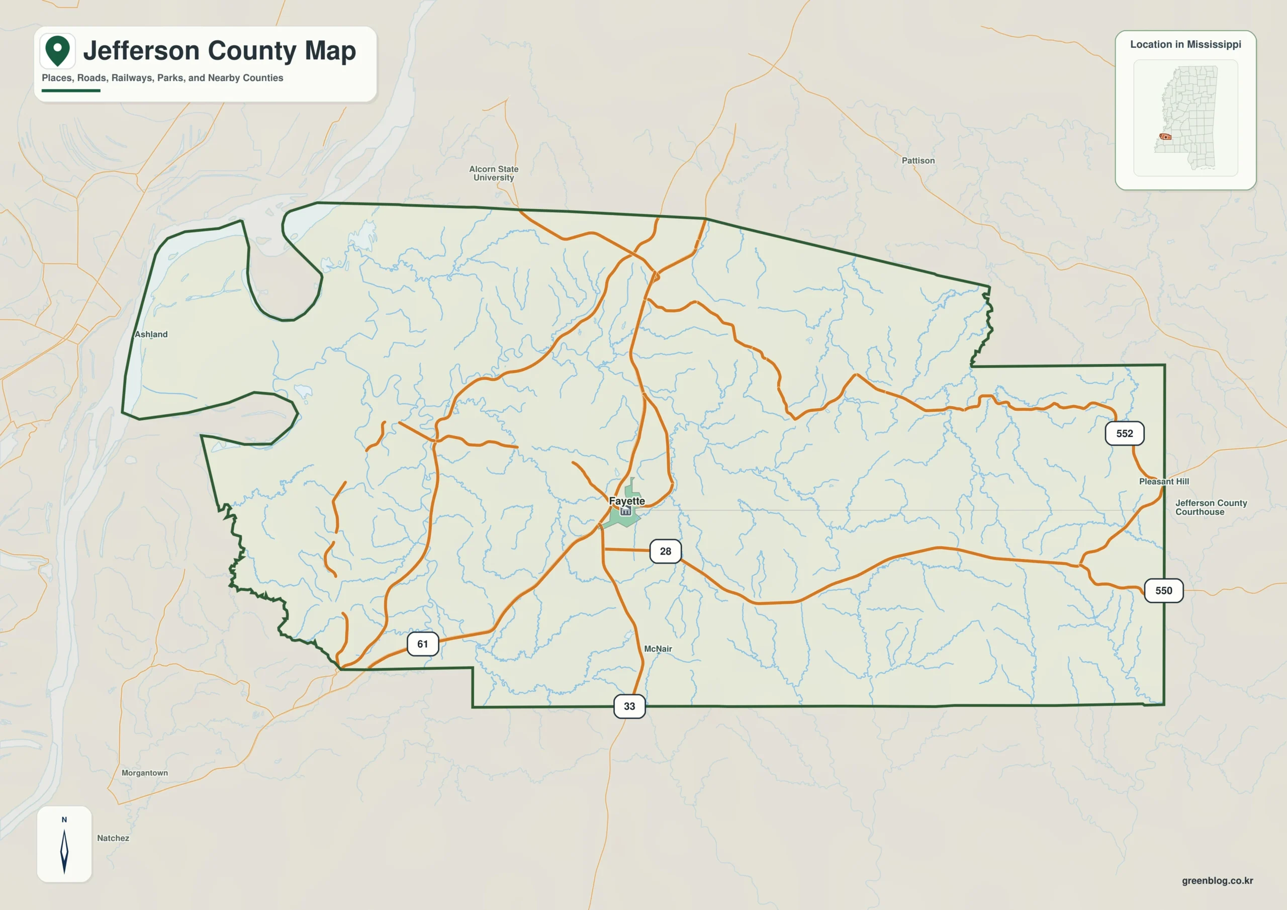 Jefferson County Mississippi map showing Fayette, selected communities, roads, and landscape features