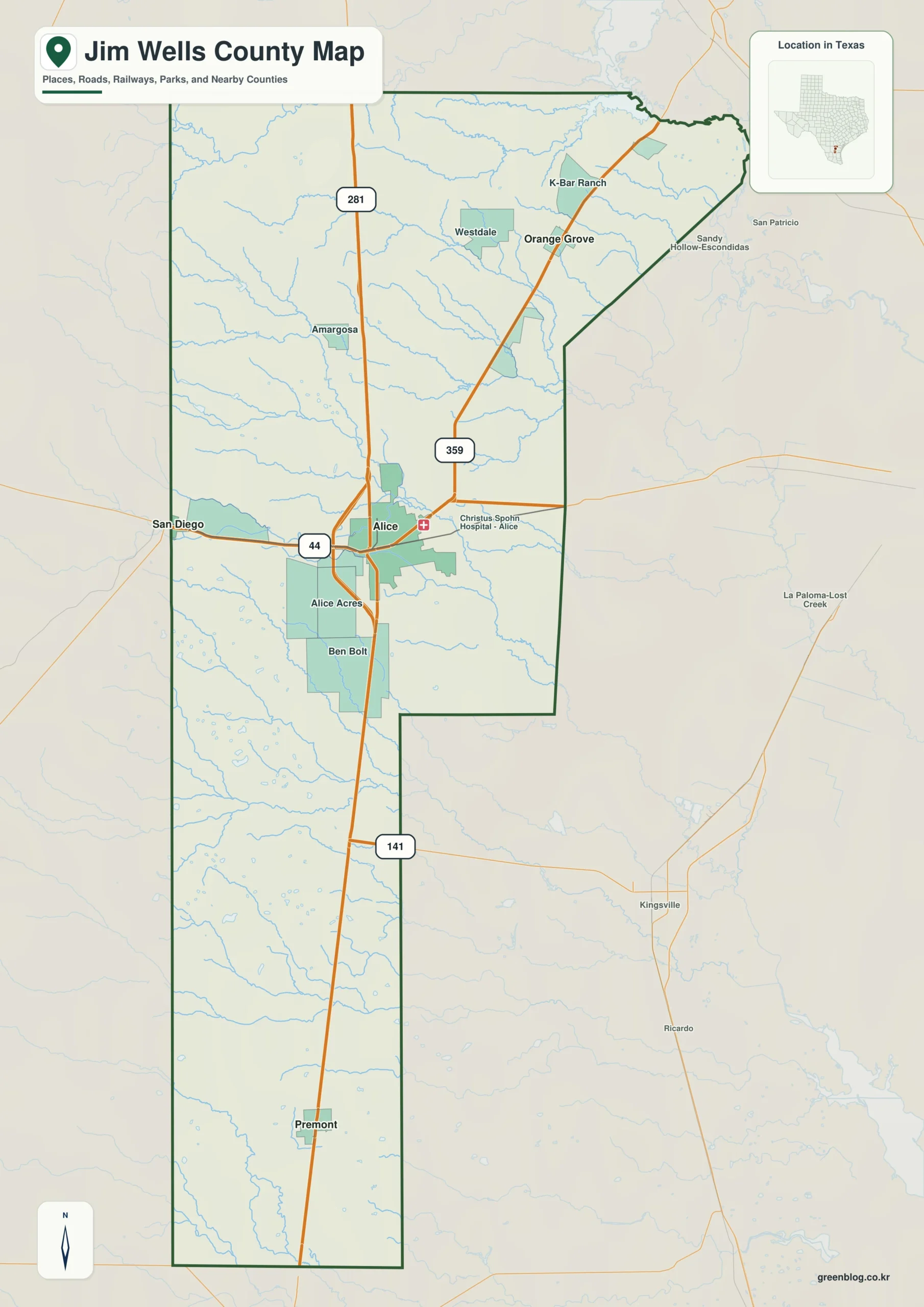Jim Wells County Texas map showing Alice and selected communities