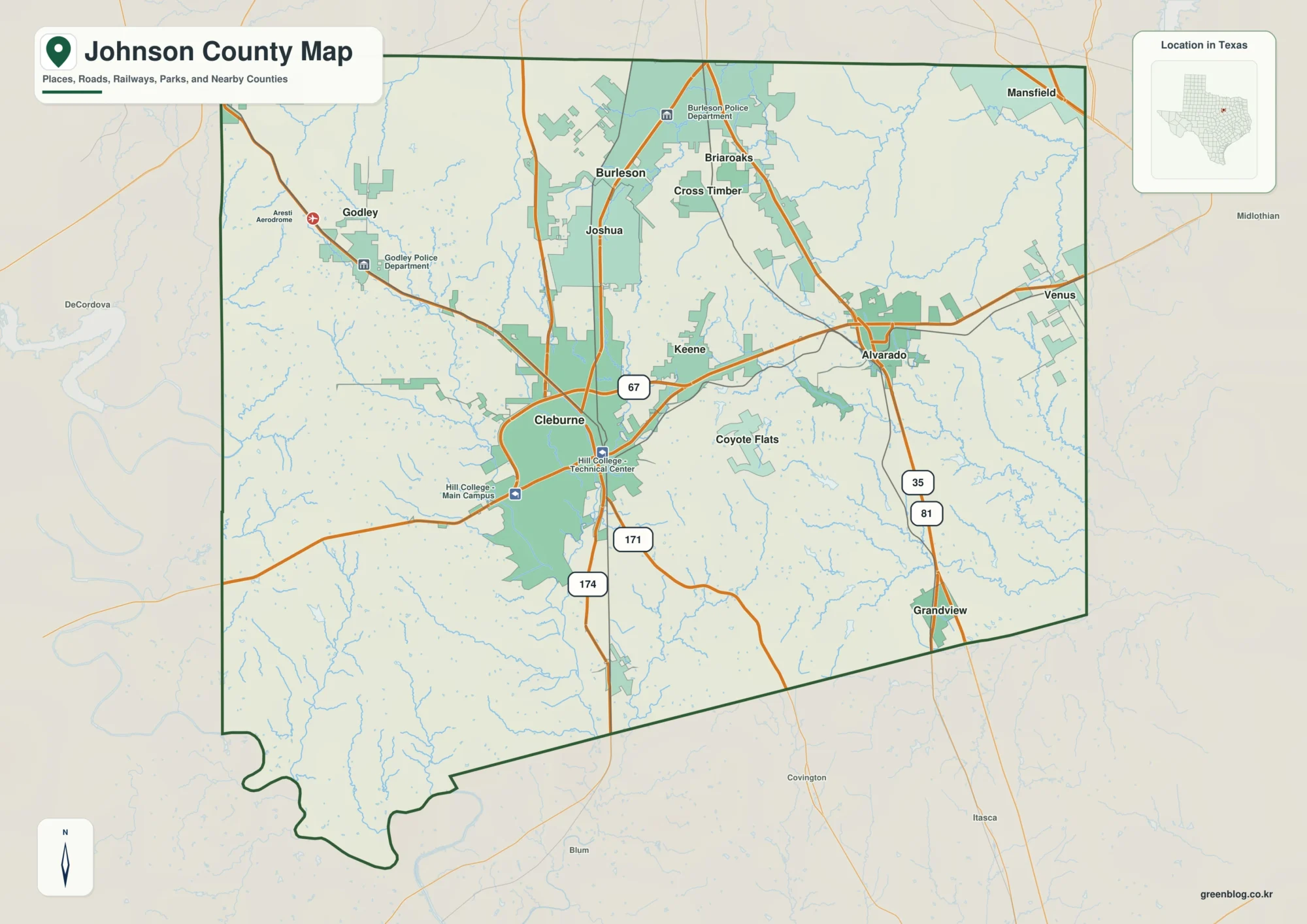 Johnson County Texas map showing Cleburne and selected communities