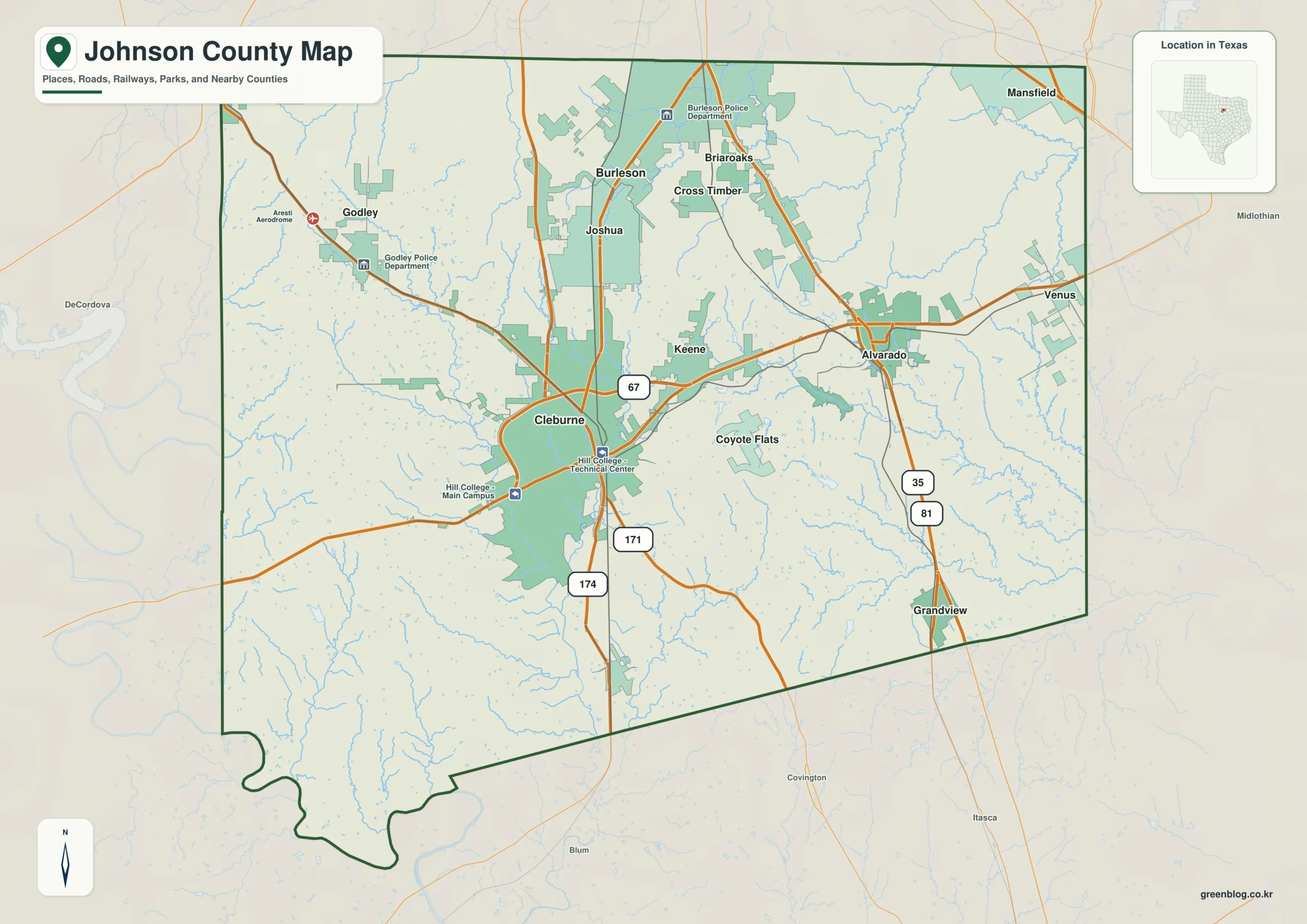 Johnson County Texas map showing Cleburne and selected communities