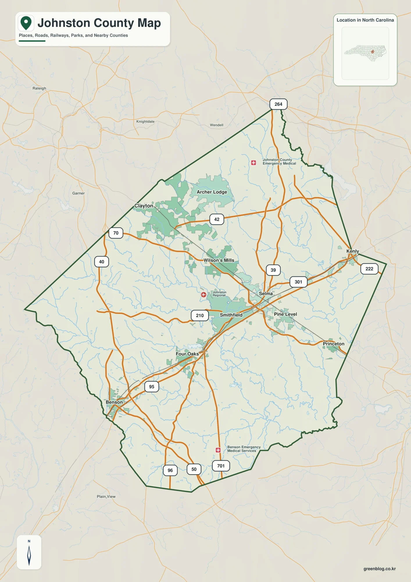 Johnston County North Carolina map showing Smithfield and Neuse River