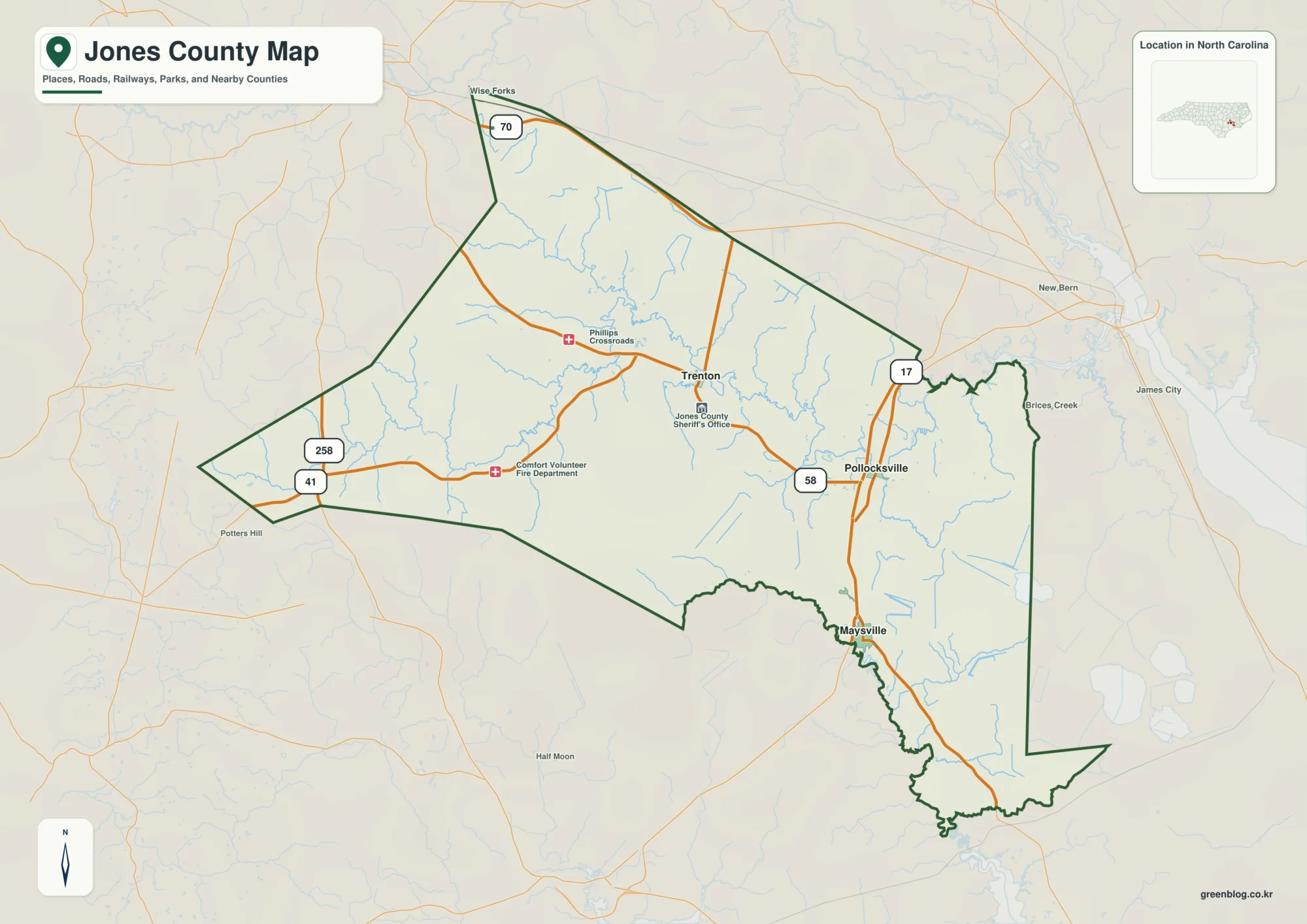 Jones County North Carolina map showing Trenton and Trent River