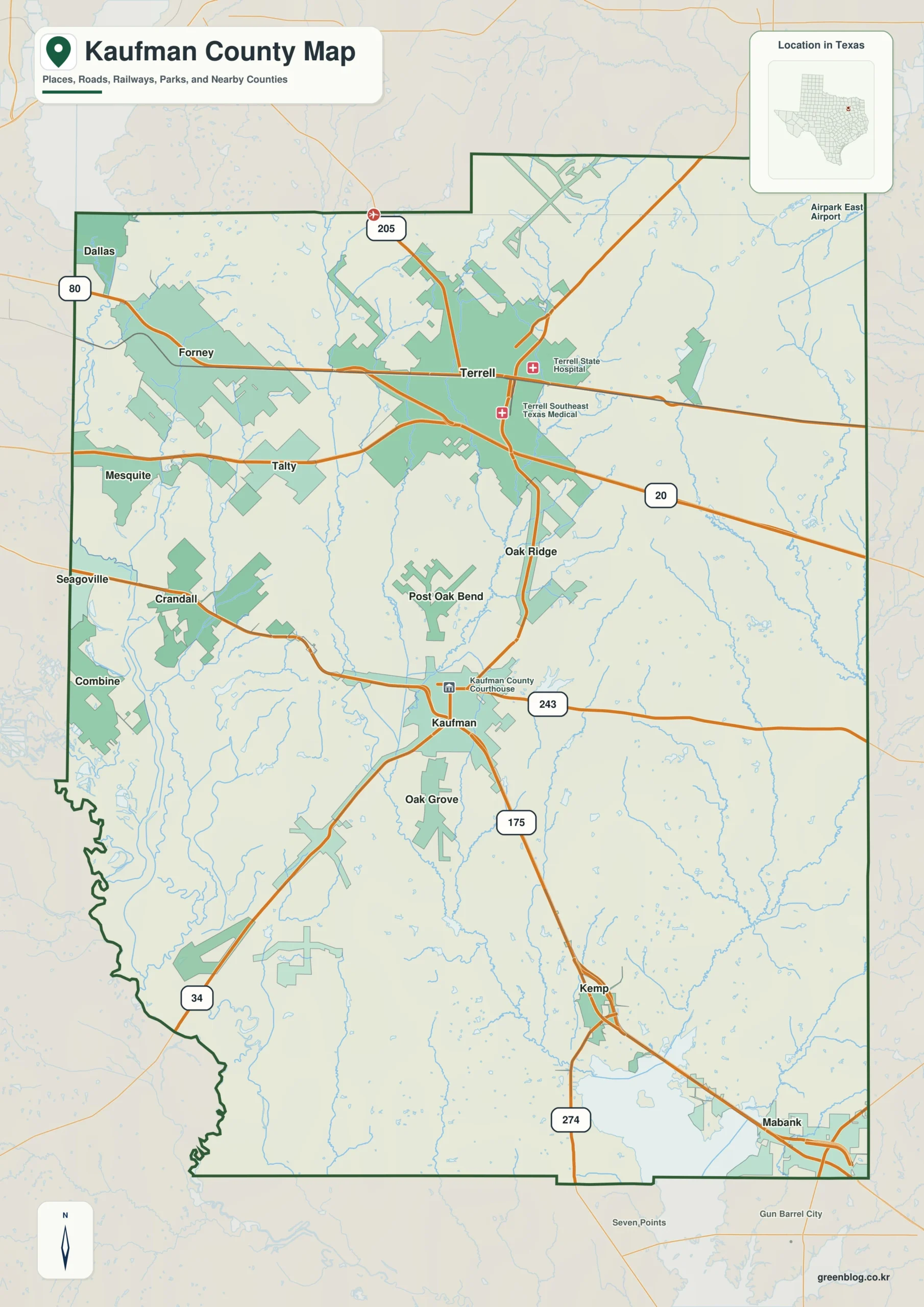 Kaufman County Texas map showing Kaufman and selected communities