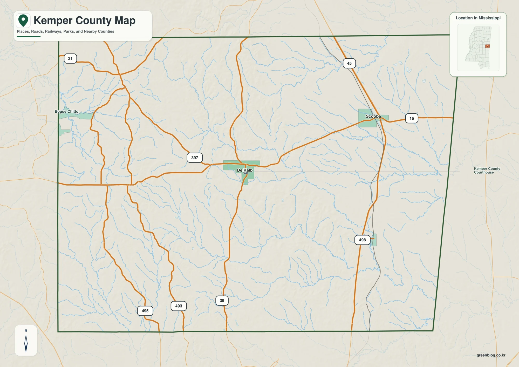 Kemper County Mississippi map showing De Kalb, selected communities, roads, and landscape features