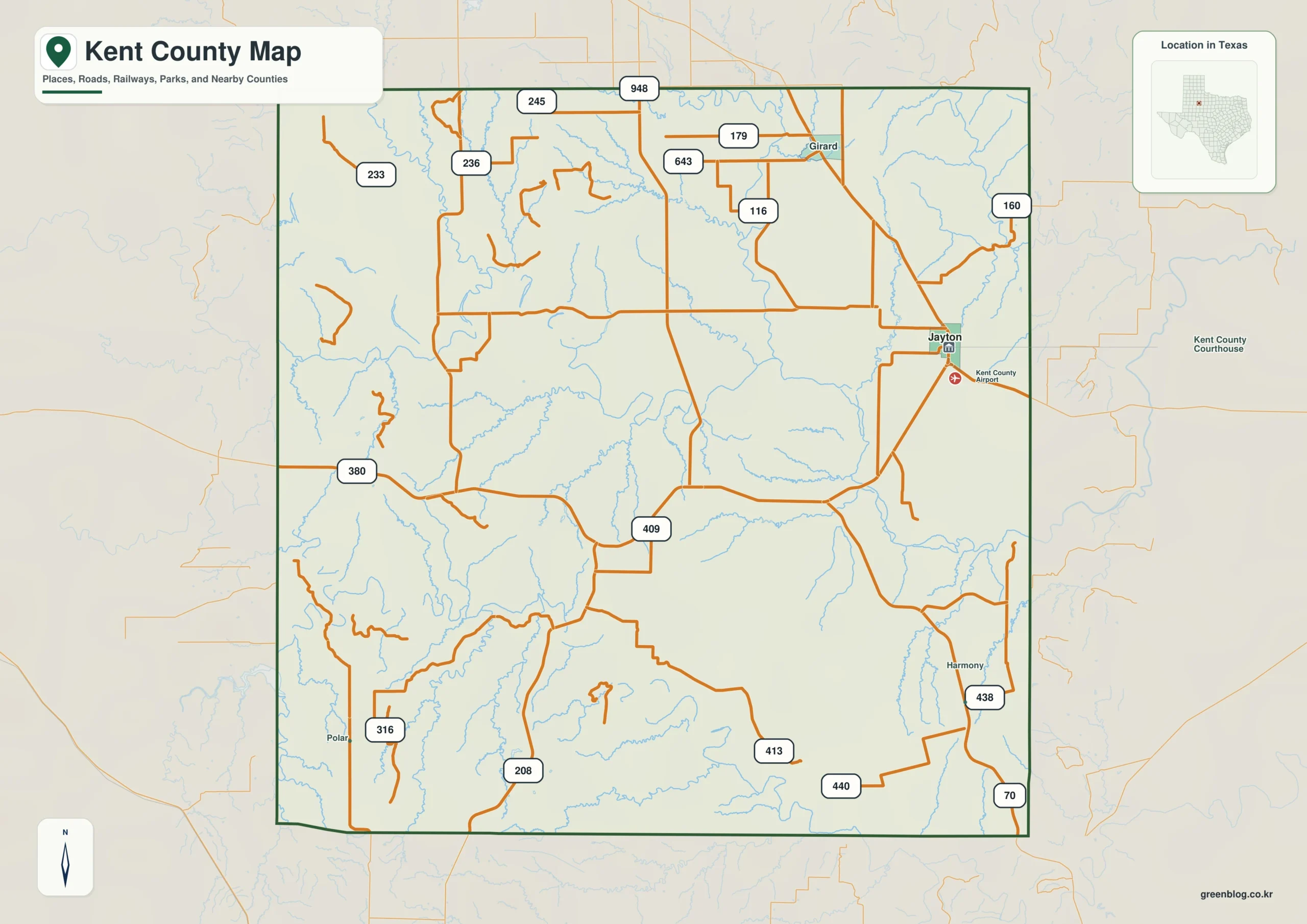 Kent County Texas map showing Jayton and selected communities