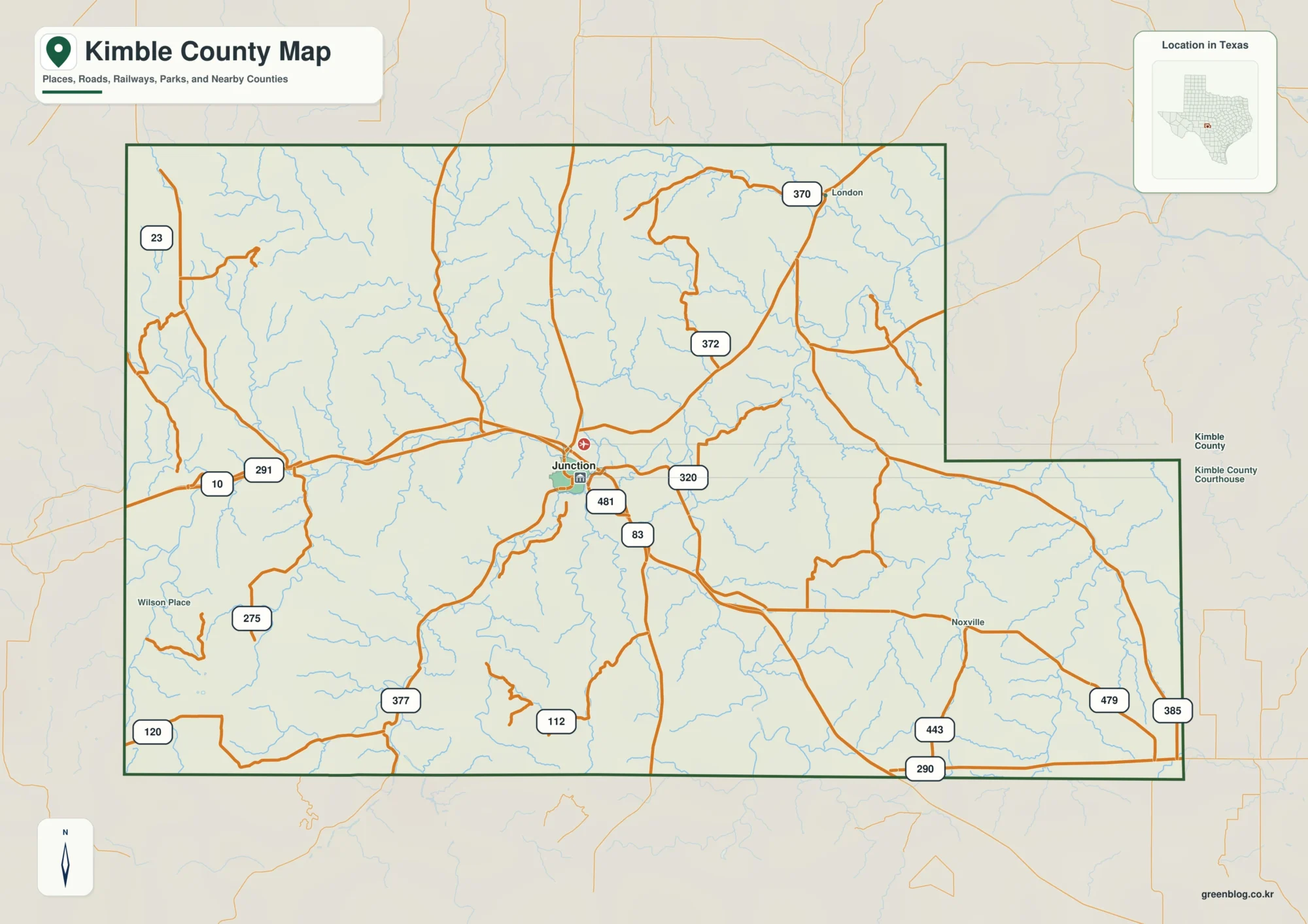 Kimble County Texas map showing Junction and selected communities