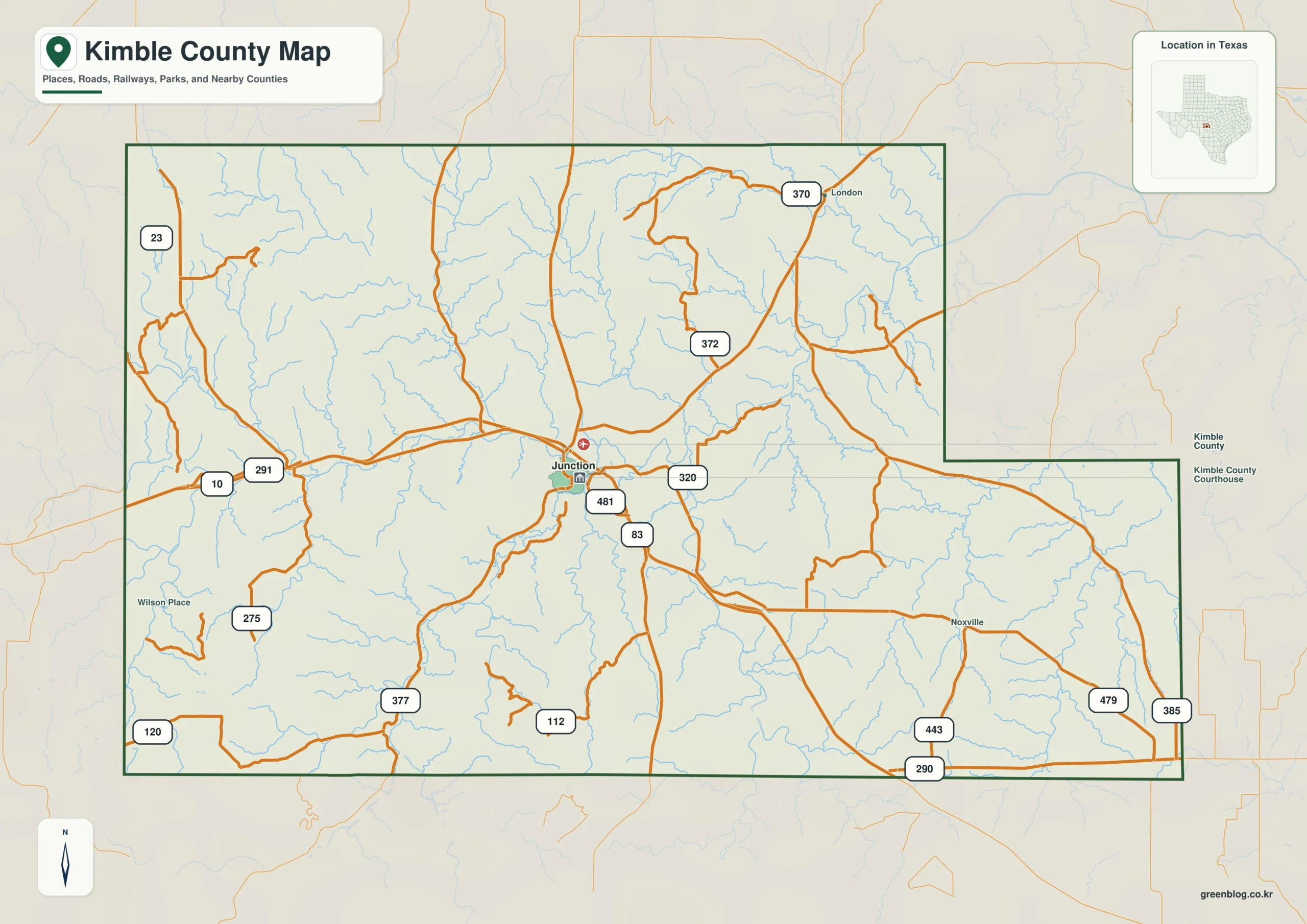 Kimble County Texas map showing Junction and selected communities