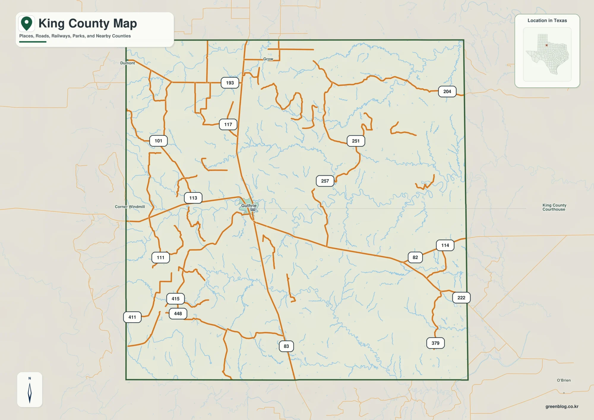 King County Texas map showing Guthrie and selected communities