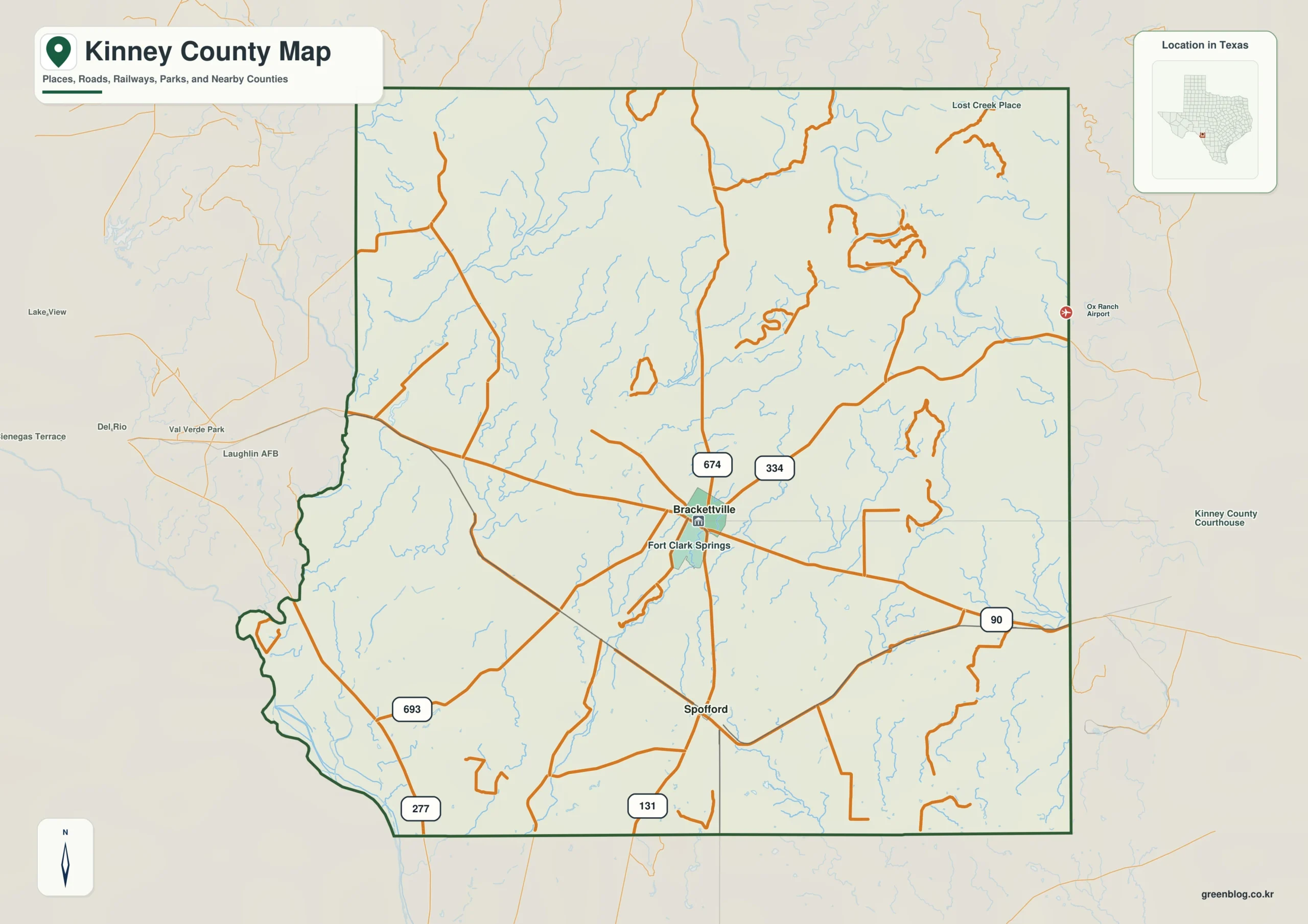 Kinney County Texas map showing Brackettville and selected communities