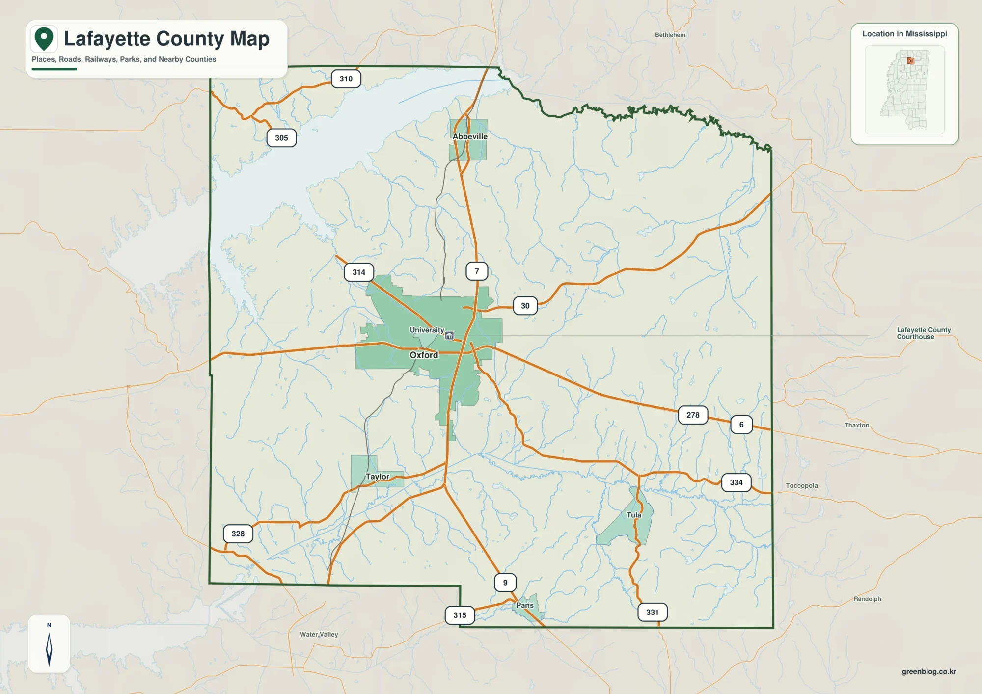 Lafayette County Mississippi map showing Oxford, selected communities, roads, and landscape features