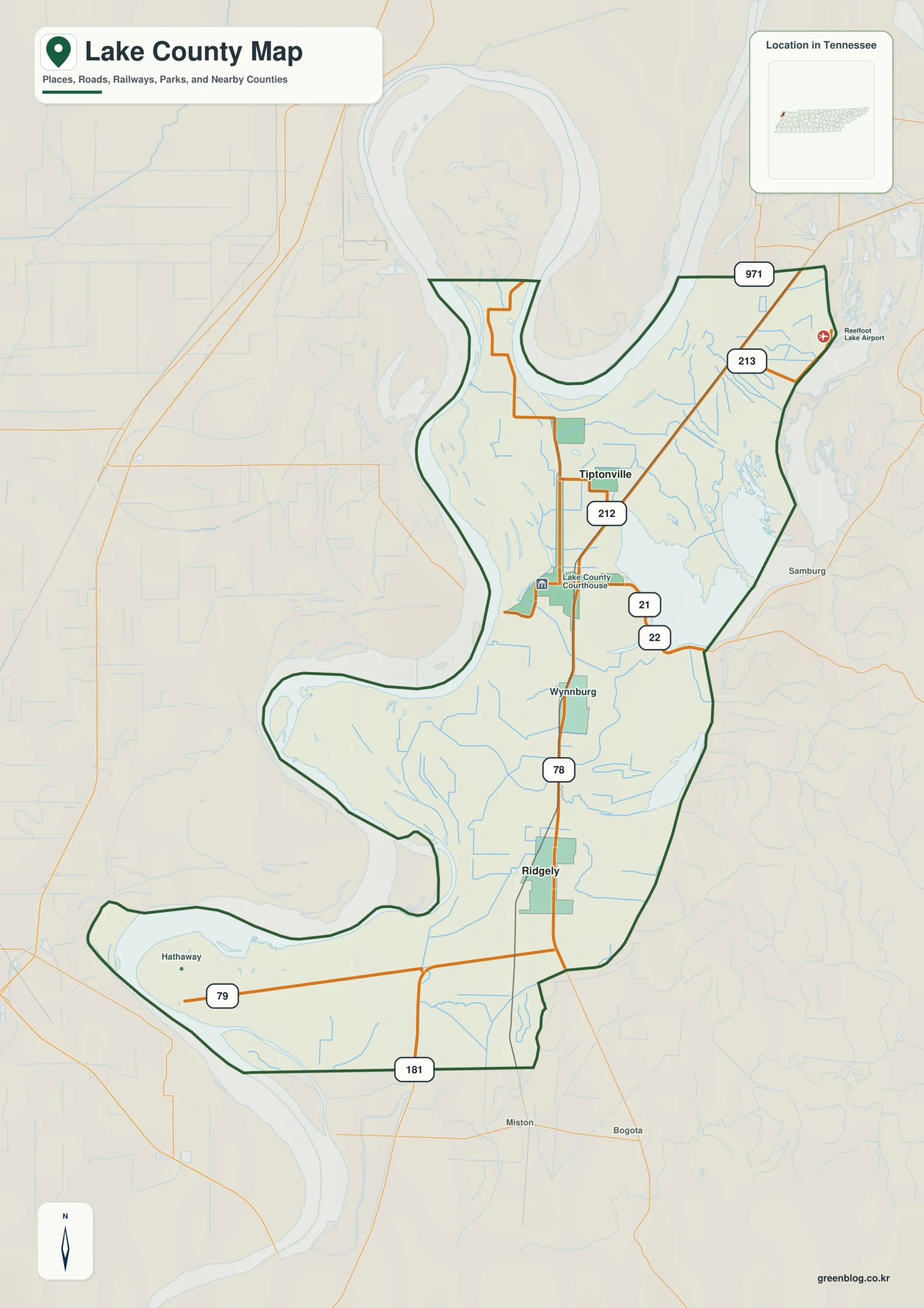 Lake County Tennessee map showing Tiptonville, selected communities, roads, and natural features