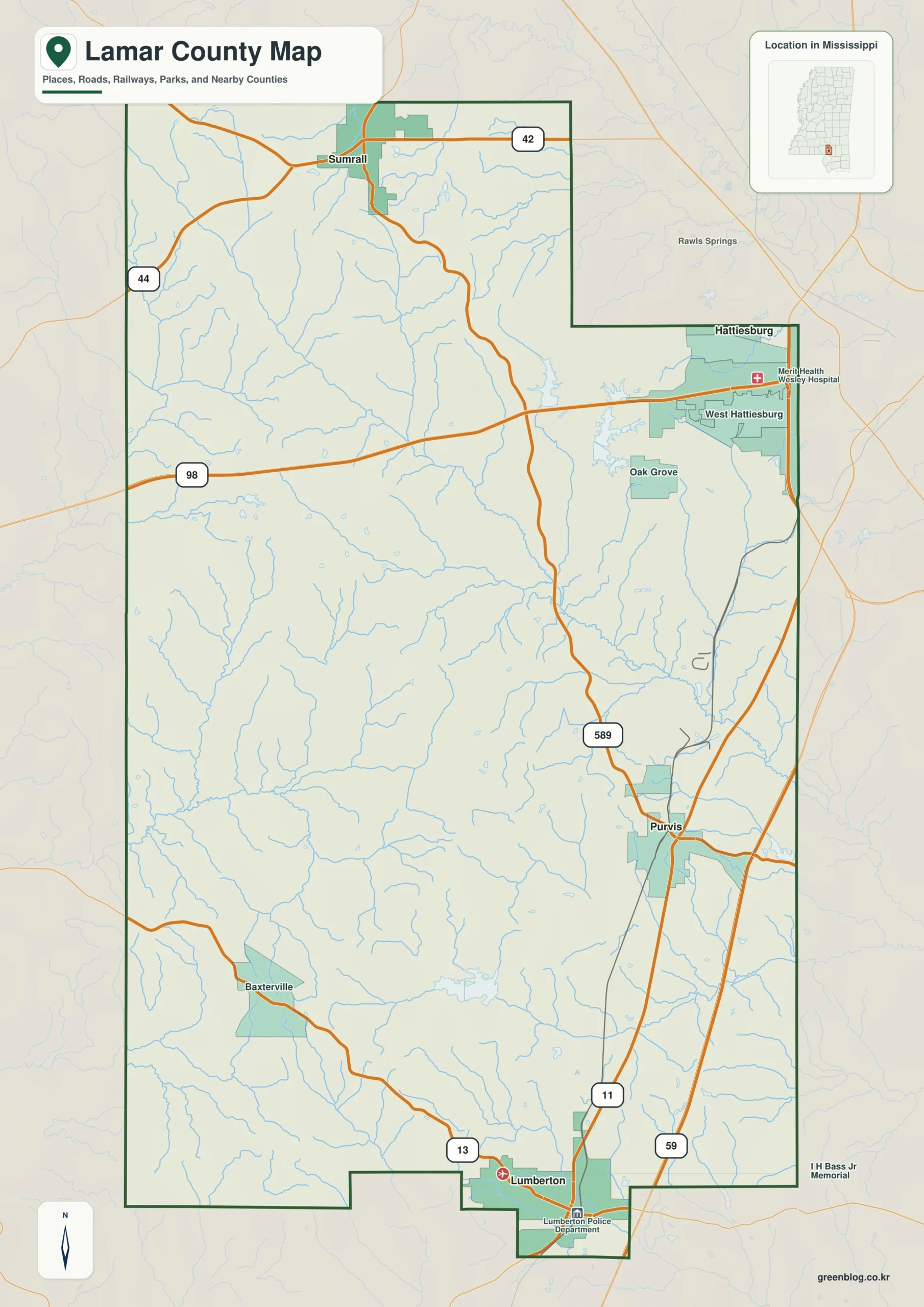 Lamar County Mississippi map showing Purvis, selected communities, roads, and landscape features
