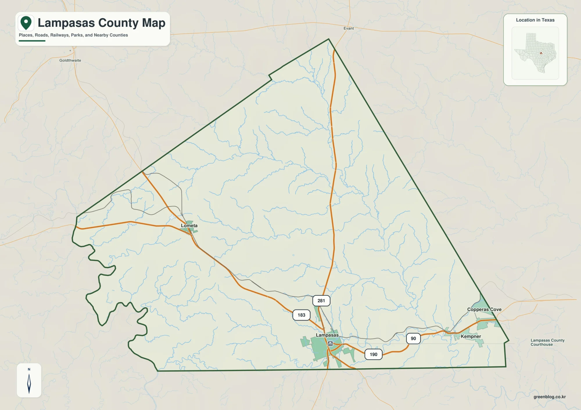 Lampasas County Texas map showing Lampasas and selected communities