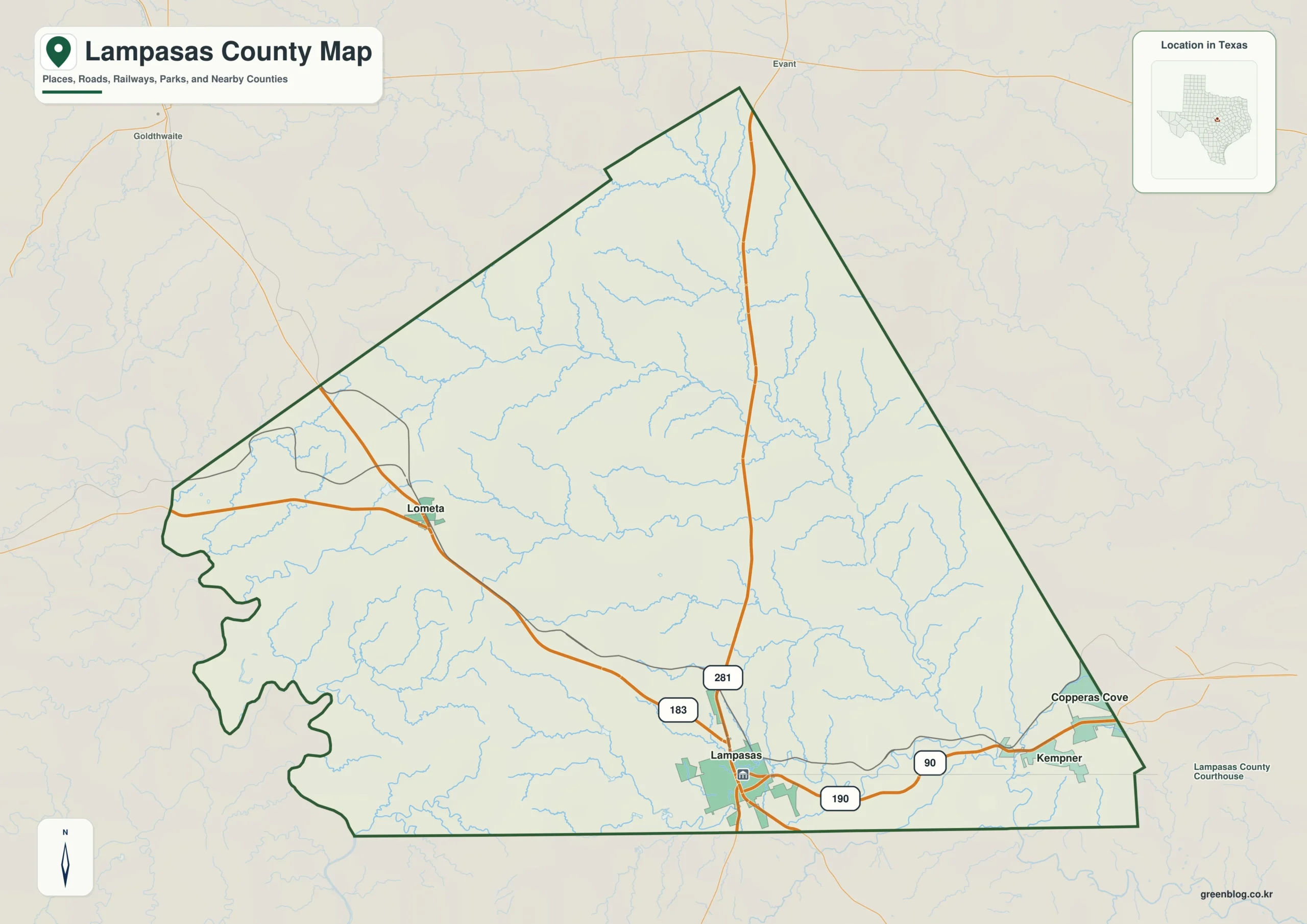 Lampasas County Texas map showing Lampasas and selected communities