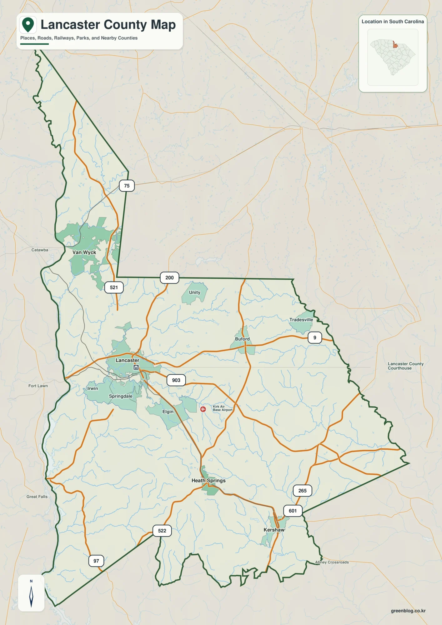 Lancaster County South Carolina map with the county boundary and reference names for Lancaster and Kershaw