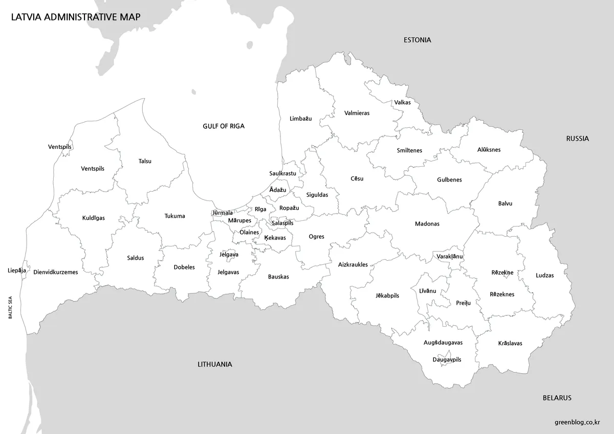 Printable black and white map of Latvia with Korean municipality labels