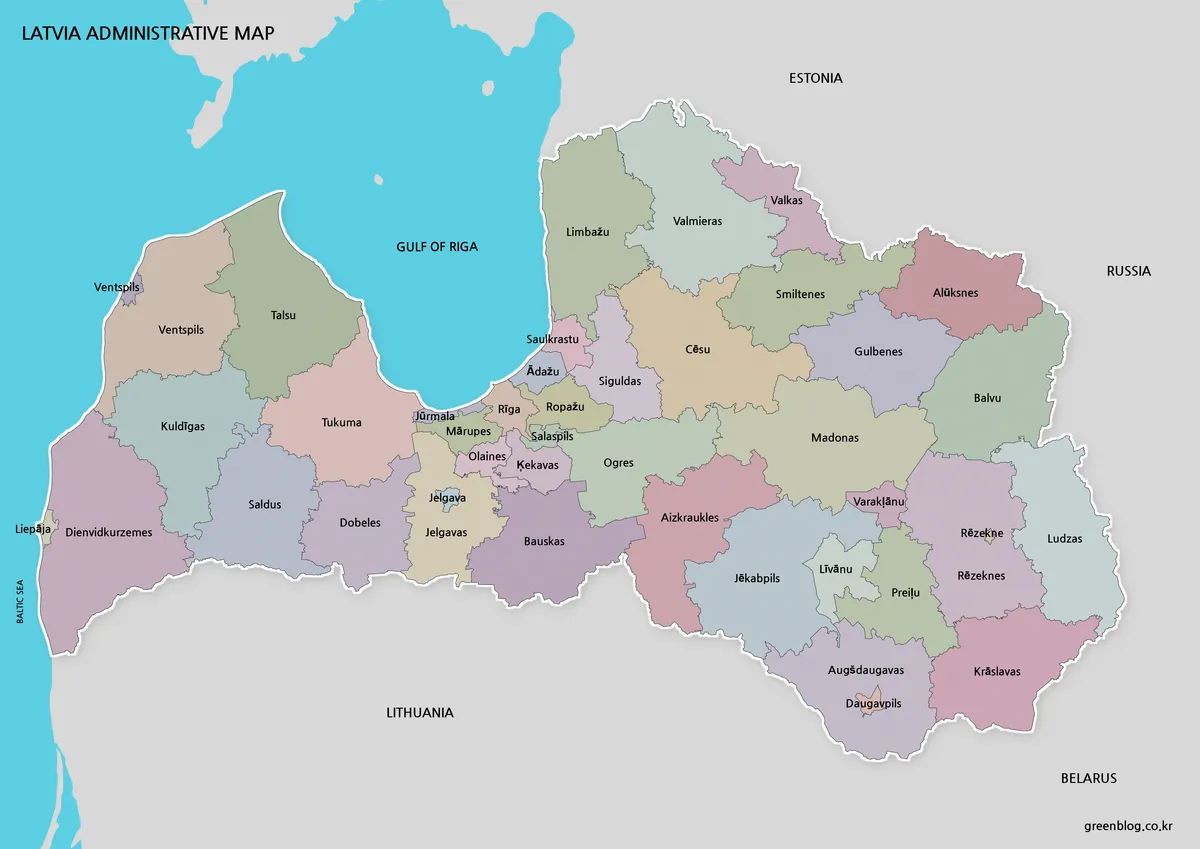 Latvia Map with color-coded 2021 municipal boundaries and the Gulf of Riga